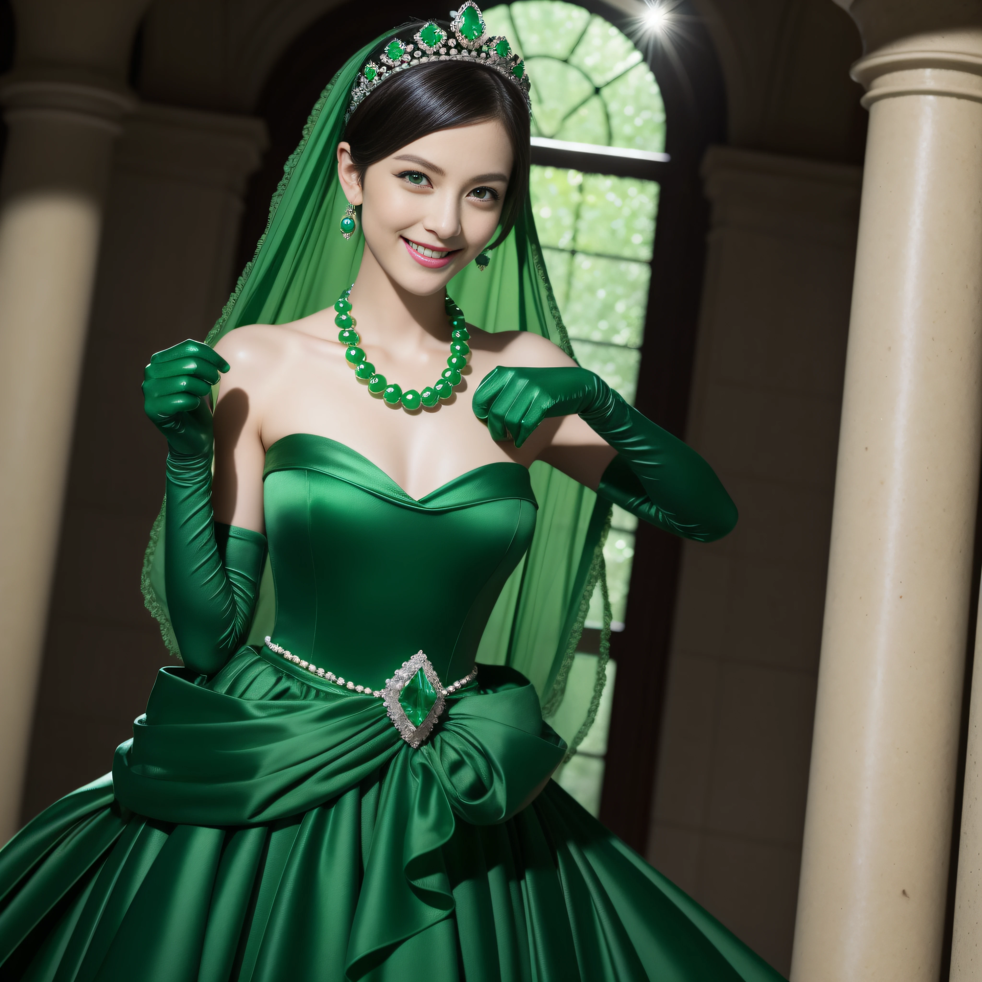 emerald tiara, Green Pearl Necklace, Boyish very short black hair, lipsticks, Japan woman smiling, very short short hair, big breasts beautiful, Green eyes, Long green gloves made of satin material, Green eyes, Emerald Earrings