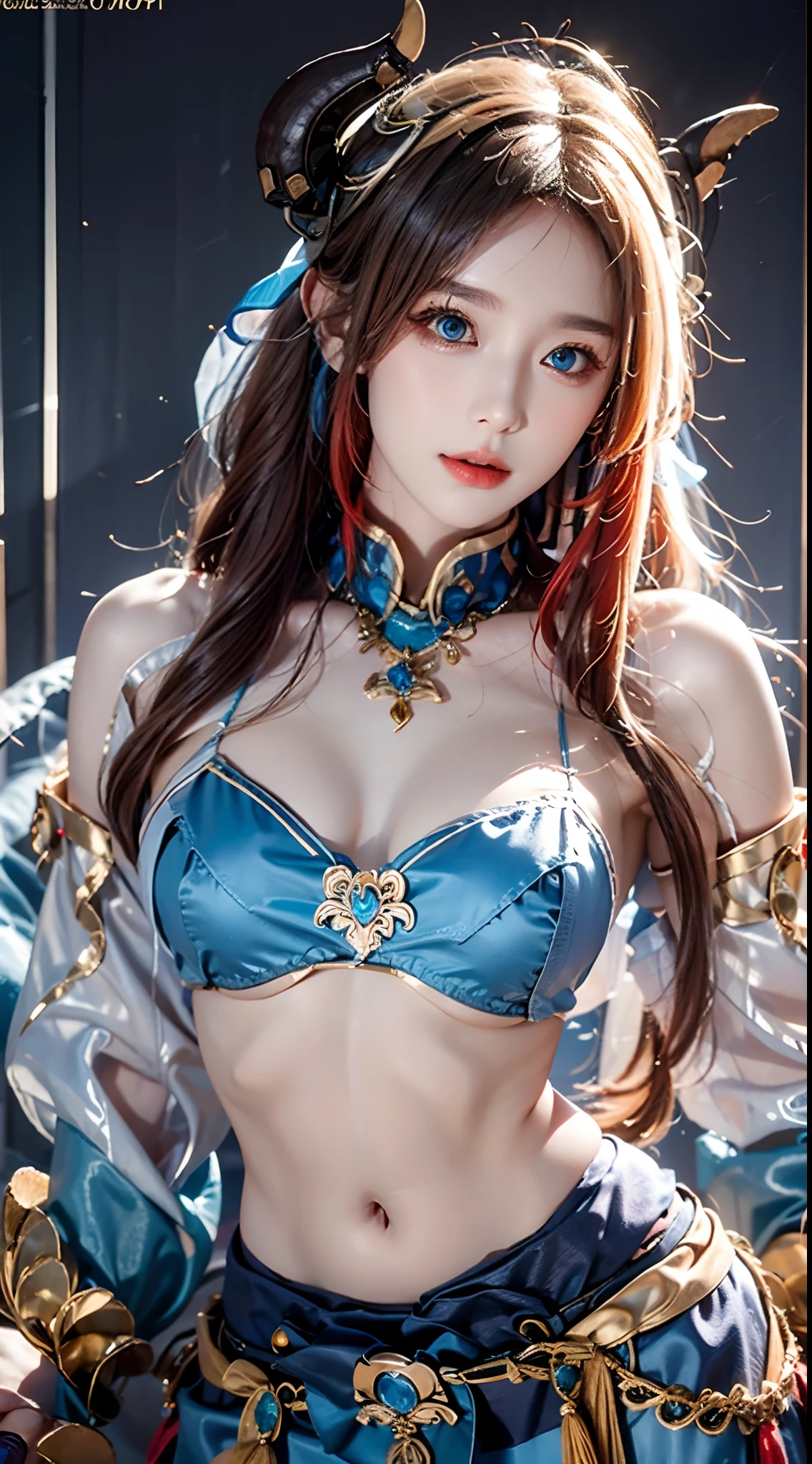 photorealistic, high resolution, soft lights, 1women, solo, hips up, look at viewer, (detailed face), blue eyes, (navel), (red long hair, twin tails, skirt, crop top, long sleeves)