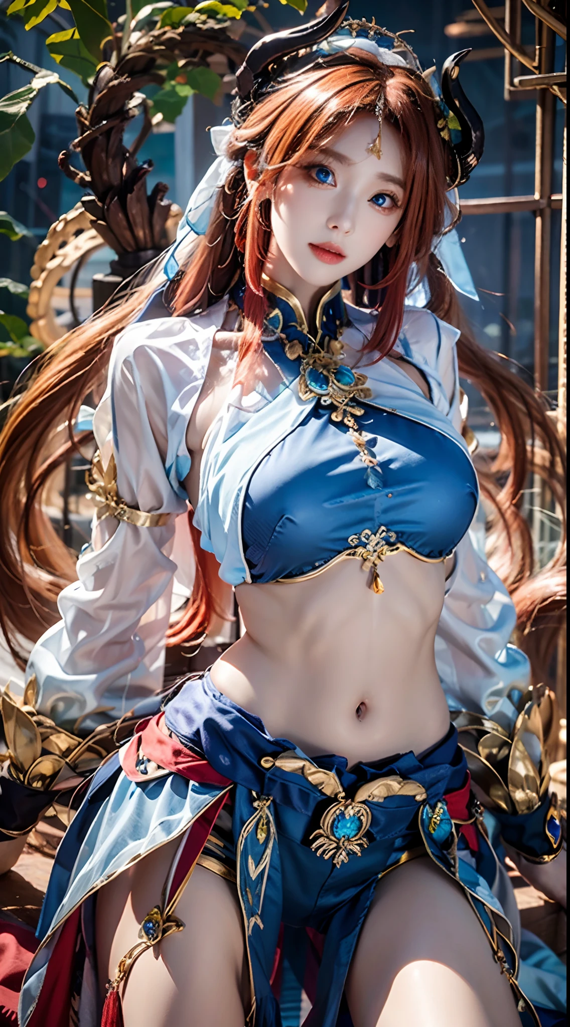 photorealistic, high resolution, soft lights, 1women, solo, hips up, look at viewer, (detailed face), blue eyes, (navel), (red long hair, twin tails, skirt, crop top, long sleeves)