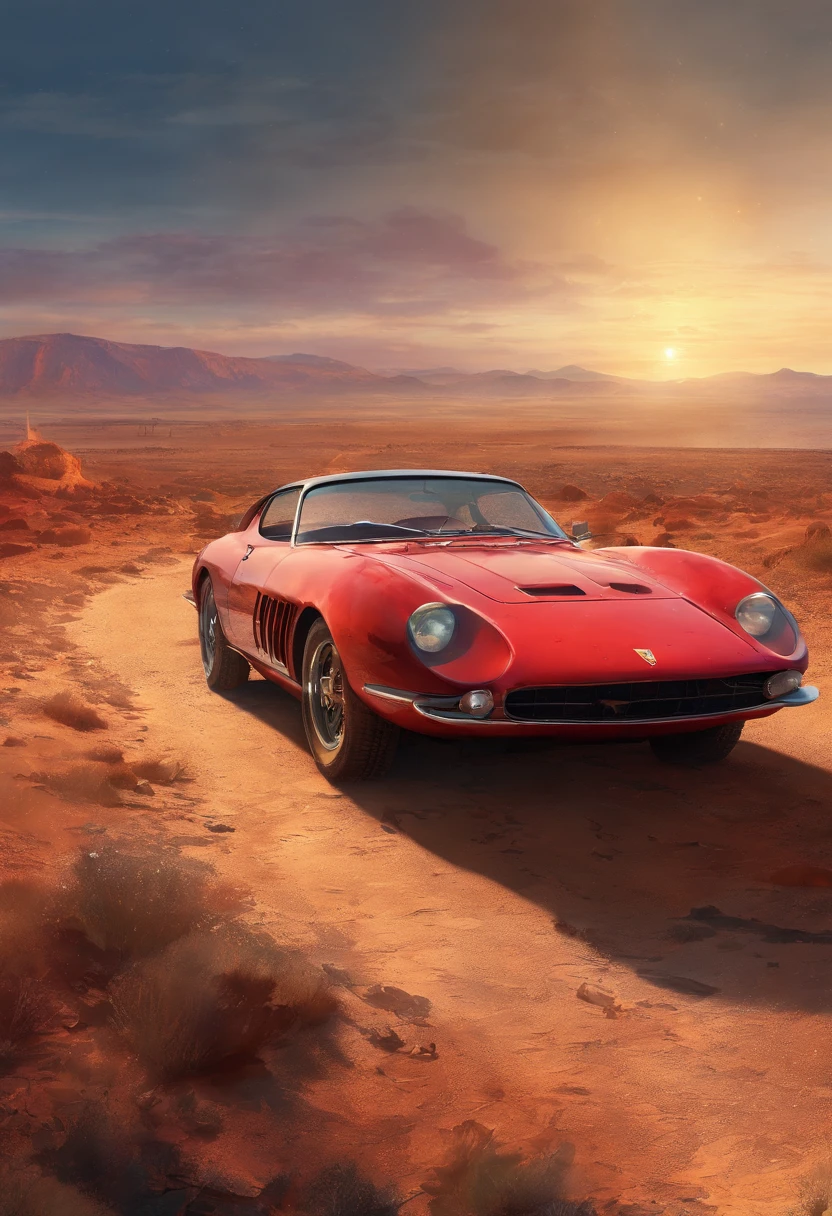 Movie poster of CMAface1 on foreground (entire body, rusty clothes) in abandoned road (desert: dark: 0.5), rusty red ferrari abandoned on background, centered on shot, fantasy art (steampunk: GTA: 0.5), 35mm lens, greg rutkowski