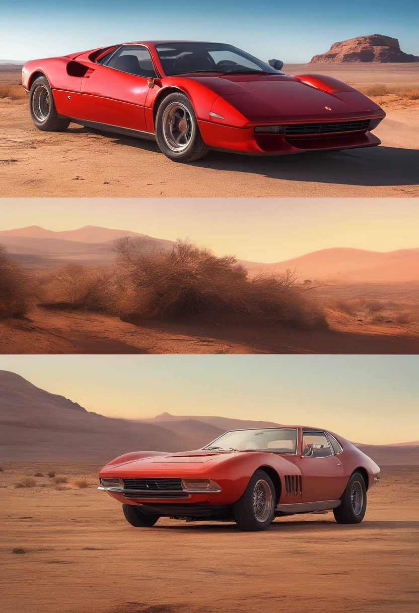Movie poster of CMAface1 on foreground (entire body, rusty clothes) in abandoned road (desert: dark: 0.5), rusty red ferrari abandoned on background, centered on shot, fantasy art (steampunk: GTA: 0.5), 35mm lens, greg rutkowski