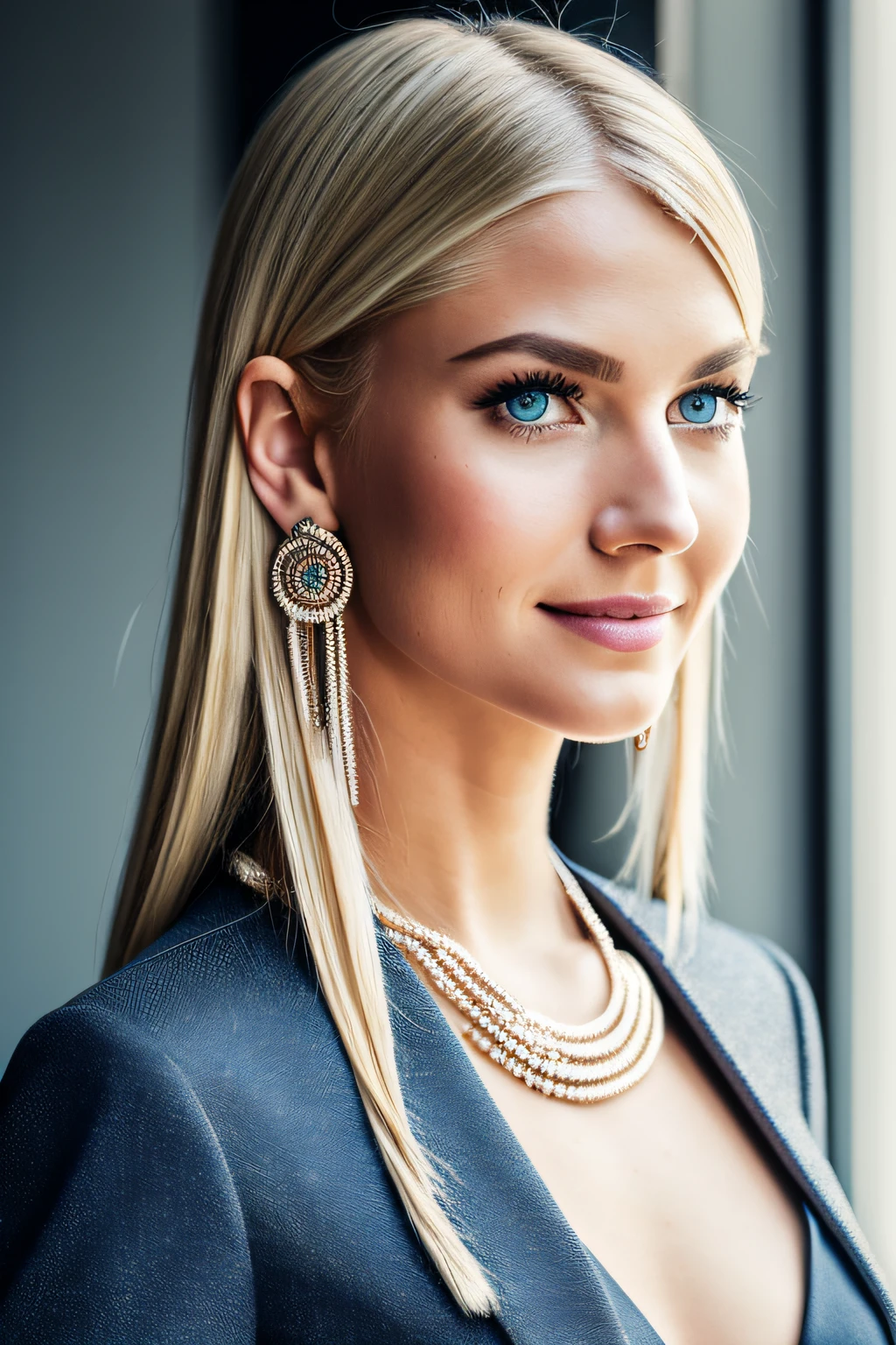 Slender, young, short blonde hair, blue eyes, great smile, looking to one side, head half tuned to one side, in office, wearing business clothes, natural skin texture, 24mm, 4K textures, soft cinematic light, RAW photography, photorealistic, photorealistic, complex, elegant, highly detailed, sharp focus, (((cinematic look))), calm Tone, Insane Detail, Complex Detail, Ultra Detail, High Contrast, Soft Cinematic Light, Dim Colors, Exposure Blending, HDR, Faded, Cold, Waist Thin, Well-Proportioned, (8k, 4k, Top Quality, Hi-Res: 1.1), (Realistic, Photorealistic: 1.1), Girl 1 People, Solo, 1:3 body view, Twin Tails, Blonde Hair, Bangs, Long Hair, looking to one side, head hatlf turned to one side, Necklace, Earrings, Lips, Eye Shadow, Jewelry, Spaghetti Straps, Detail, High Contrast, from_side, srfc, stunning complex full color portrait, wearing business dress, spectacular character composition, sharp focus, natural light, sub-surface scatter, f2, 35mm, film grain