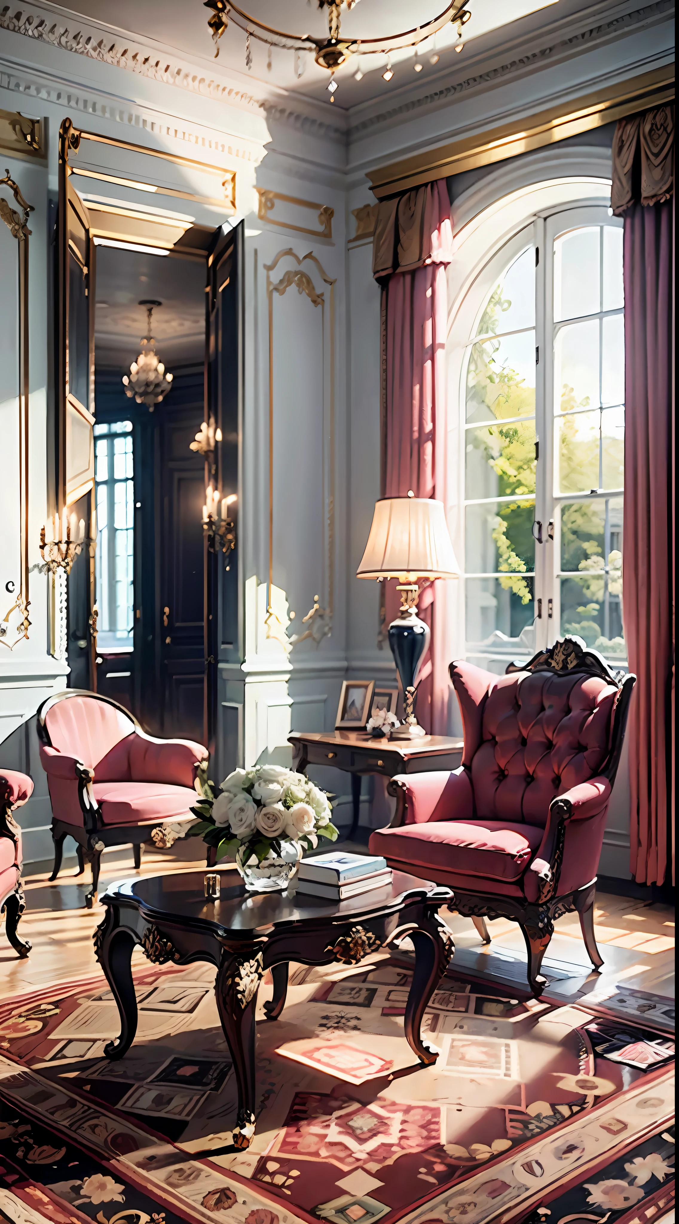 Queen of England in her bedroom, interior of Buckingham Palace in 1970s, high resolution, high details, ultra details, cinematic (photorealistic:1.4), 8k uhd, (hyper realistic), (photo realistic), (masterpiece), (best quality)
