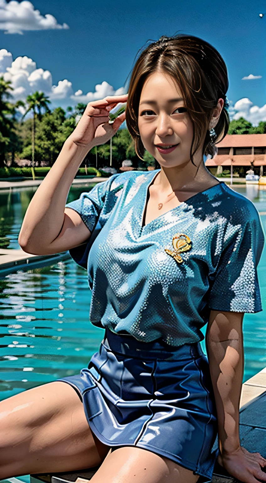 Best Quality, Masterpiece, Ultra High Resolution, (Realism: 1.4), Original Photo, A Twenty--Old l, (Sailor Moon: 2.1) ((Ami Mizuno/Sailor Crystal, Sailor Mercury)), Charming Smile, Short Hair, Short Blue Hair, Vibrant Blue Eyes, Short Skirt, Looking at the Viewer, Pool in the Background, Dynamic Pose, OC Rendering, Water Splashing