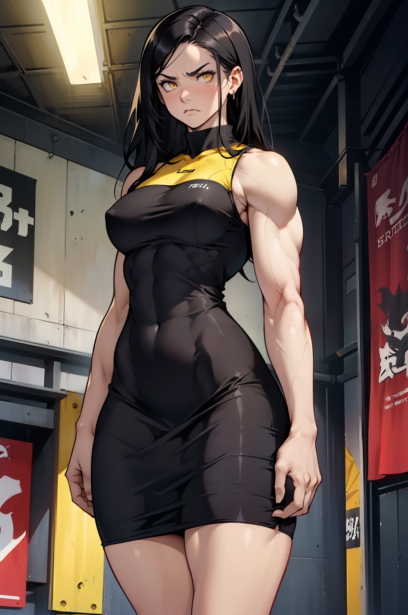 (((((muscular, 1 girl))))), (perky breasts, curvy, black hair, long hair, pale skin, angry, yellow eyes, tight dress, ballroom, solo)