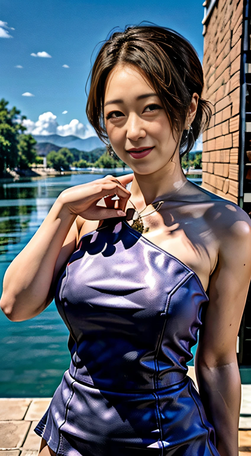 Best Quality, Masterpiece, Ultra High Resolution, (Realism: 1.4), Original Photo, A Twenty--Old l, (Sailor Moon: 2.1) ((Ami Mizuno/Sailor Crystal, Sailor Mercury)), Charming Smile, Short Hair, Short Blue Hair, Vibrant Blue Eyes, Short Skirt, Looking at the Viewer, Pool in the Background, Dynamic Pose, OC Rendering, Water Splashing