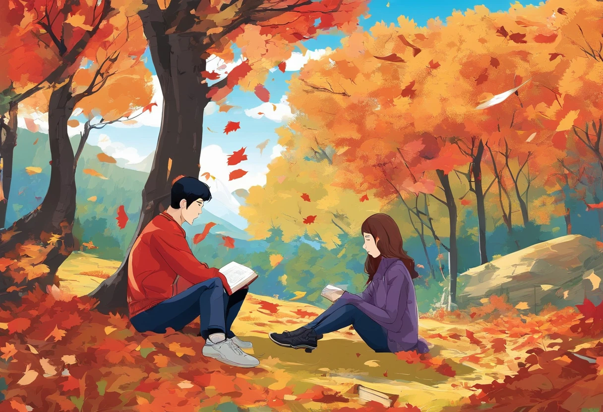 Canada、Colored leaves、Maples、A hill、Maple tree、leaves falling、1man and 1girl, 1adult stylish man and 1high school girl, Resting under a large maple tree、Autumn landscape、Autumn scene、Man is sitting on the grass field under a huge maple tree and reading the book, Woman sleeping on a man's lap pillow、blissful expression、Korean Drama、Tokkebi、Gong Yoo、Kim Goeun, a man dressed in stylish suit clothes, a woman wearing a long-sleeve sweater, pleats skirt, and Red Muffler、
