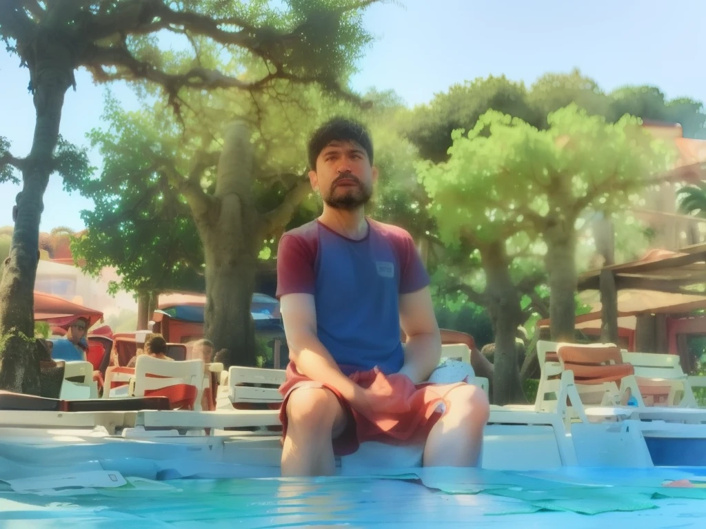 (a watercolor and pencil drawing of a 35-year-old man with short dark brown hair, red-lips, olhos castanhos, barba aparada, corpo inteiro, corpo magro em forma, cores vivas, background with blue sky and trees