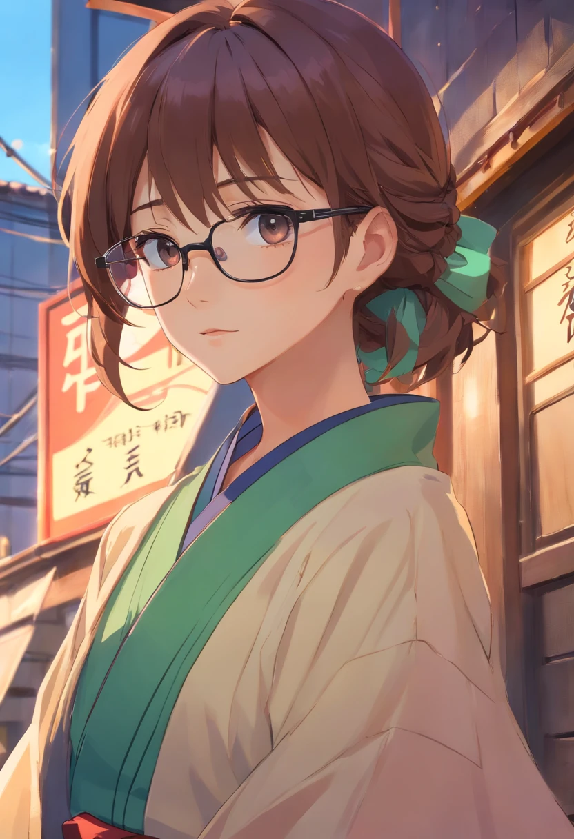 mtu, Glasses book, 18 years, 1 8 years, with beard, extremely detail face, 美丽细致的眼睛,light in face,Cinematic lighting,looki at viewer,exteriors,brunette color hair,(Balk Chinese architecture:0.05),Hanfu