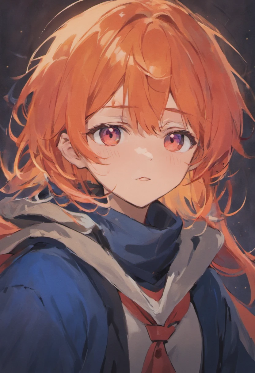 A red-haired teenager，orange color hair，Wear a dark blue shirt，Wearing a dark blue hat，He wears a red and pink scarf on his face