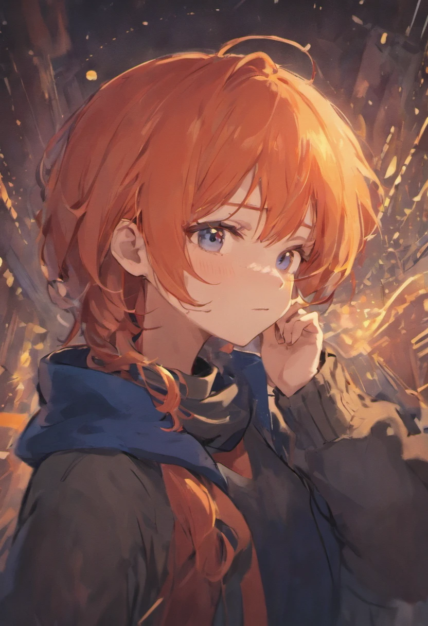 A red-haired ager,orange color hair,Wear a dark blue shirt,Wearing a dark blue hat,He wears a red and pink scarf on his face