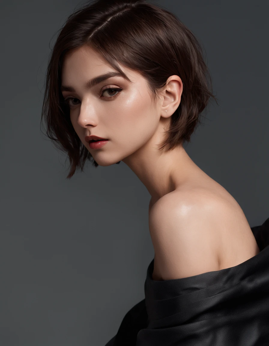 Best quality, masterpiece, ultra high res, (photorealistic:1.5), raw photo, 1girl, offshoulder, in the dark, deep shadow, low key, cold light, sexy look, short hair