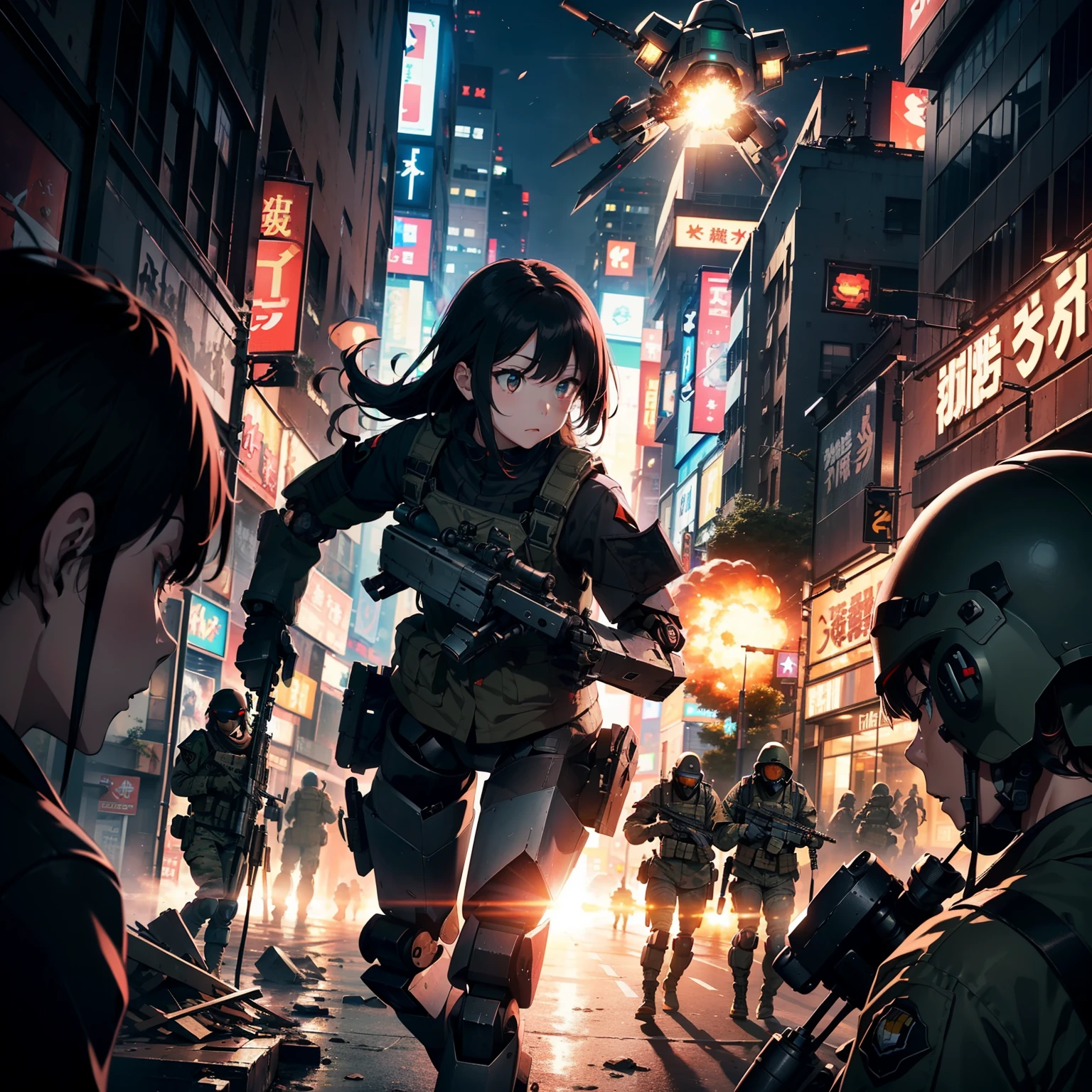 (Anti-tank rifles),(Destroy military robots with sniping:1.4),(1 Girl Soldier)、(Black combat uniform)、(long Brond Hair:1.2)、Have multiple weapons、rubble、((超A high resolution))、Detail Write、masterpiece、top-quality、extremely details CG、8K picture quality、Cinematographic lighting、lensflare、(Night combat)、((Shinjuku at night where special forces fight))、In the building、Hyper-detailing、The wreckage of military robots、cowboy shot:1.4