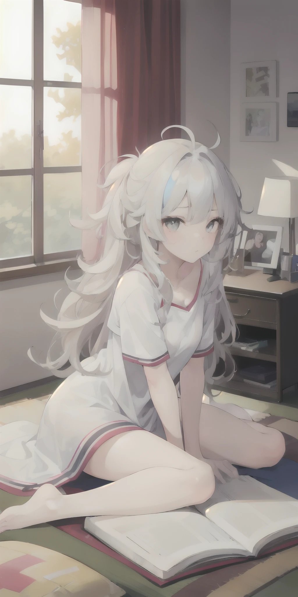 (best quality, high quality:1.4), (1girl,solo:1.25), (vibrant hair:1.1, messy hair, long hair), bright eyes, close up, full body view, futon, studying, cozy indoors, house, sitting, sexy, cute face