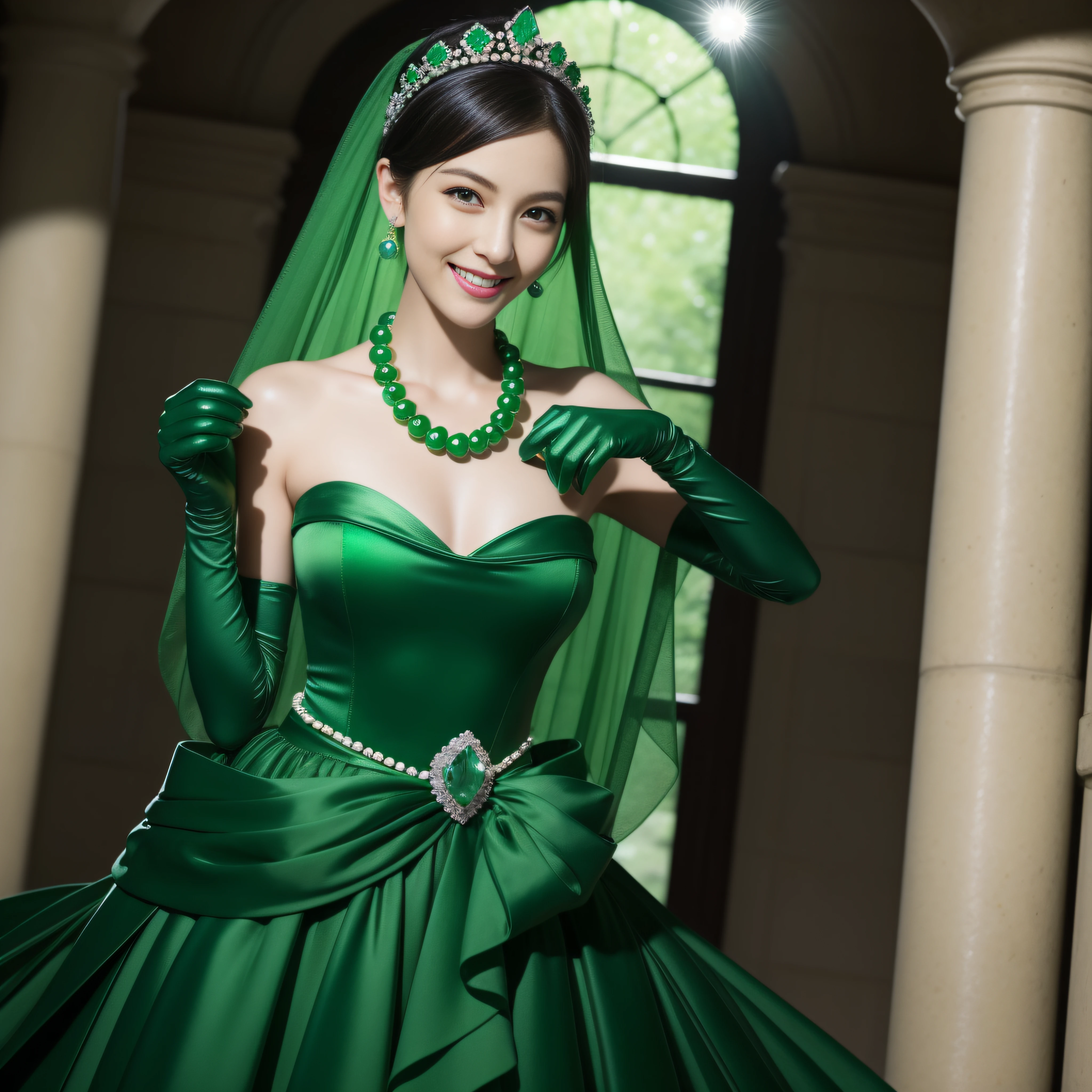 emerald tiara, Green Pearl Necklace, Boyish very short black hair, lipsticks, Japan woman smiling, very short short hair, big breasts beautiful, Green eyes, Long green gloves made of satin material, Green eyes, Emerald Earrings