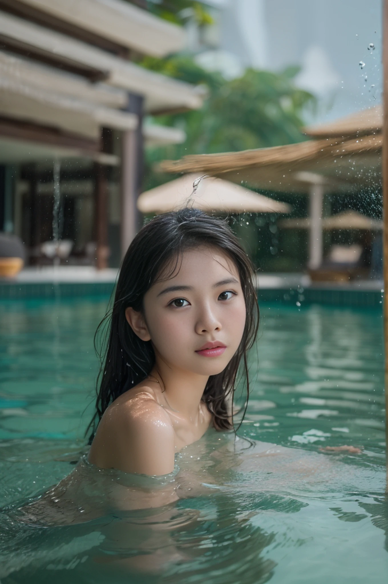 (1 Vietnamese girl), , baby face, nake in the water of a luxury resort in Vietnam, Full nudity,8K photo. nsfw:1.0