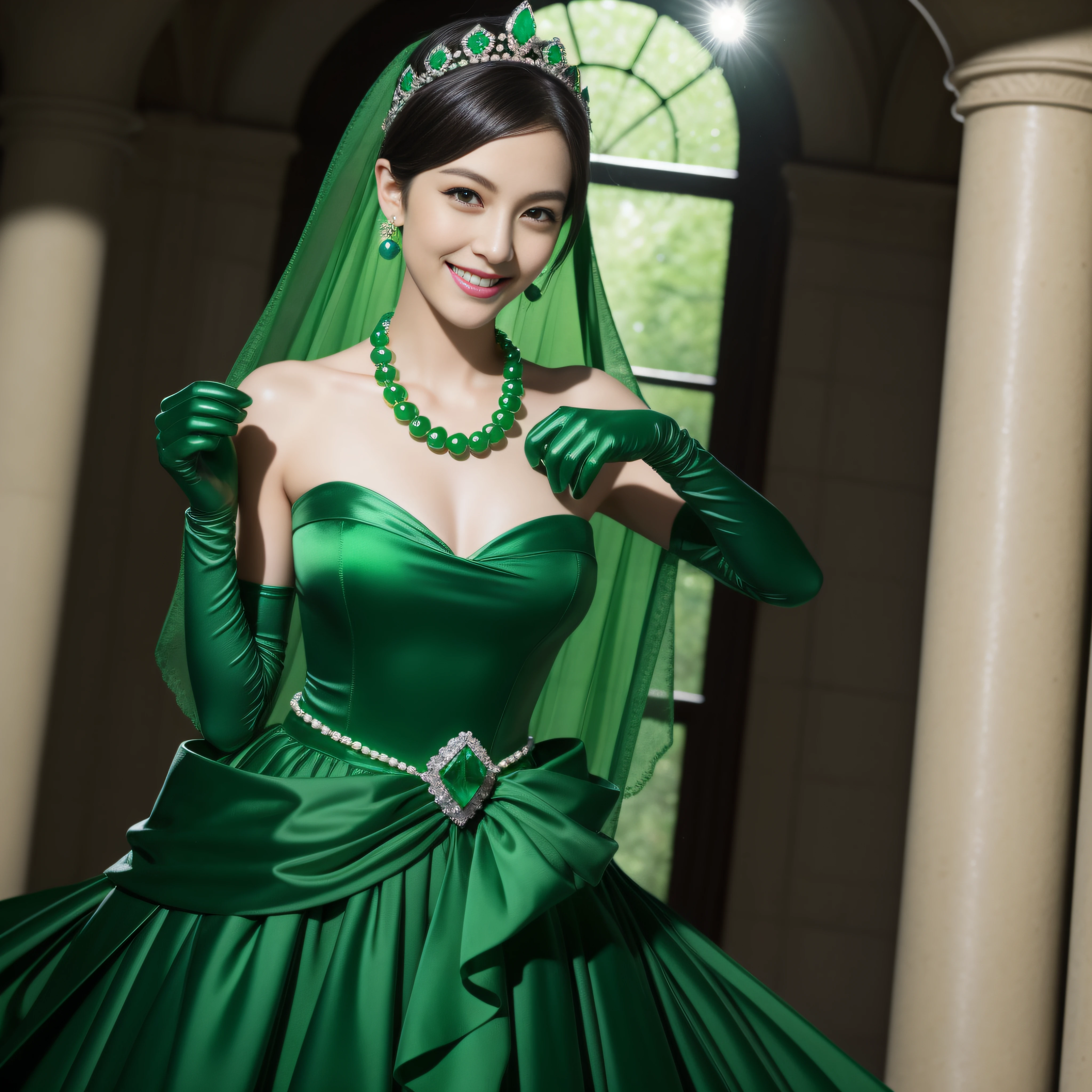 emerald tiara, Green Pearl Necklace, Boyish very short black hair, lipsticks, Japan woman smiling, very short short hair, big breasts beautiful, Green eyes, Long green gloves made of satin material, Green eyes, Emerald Earrings