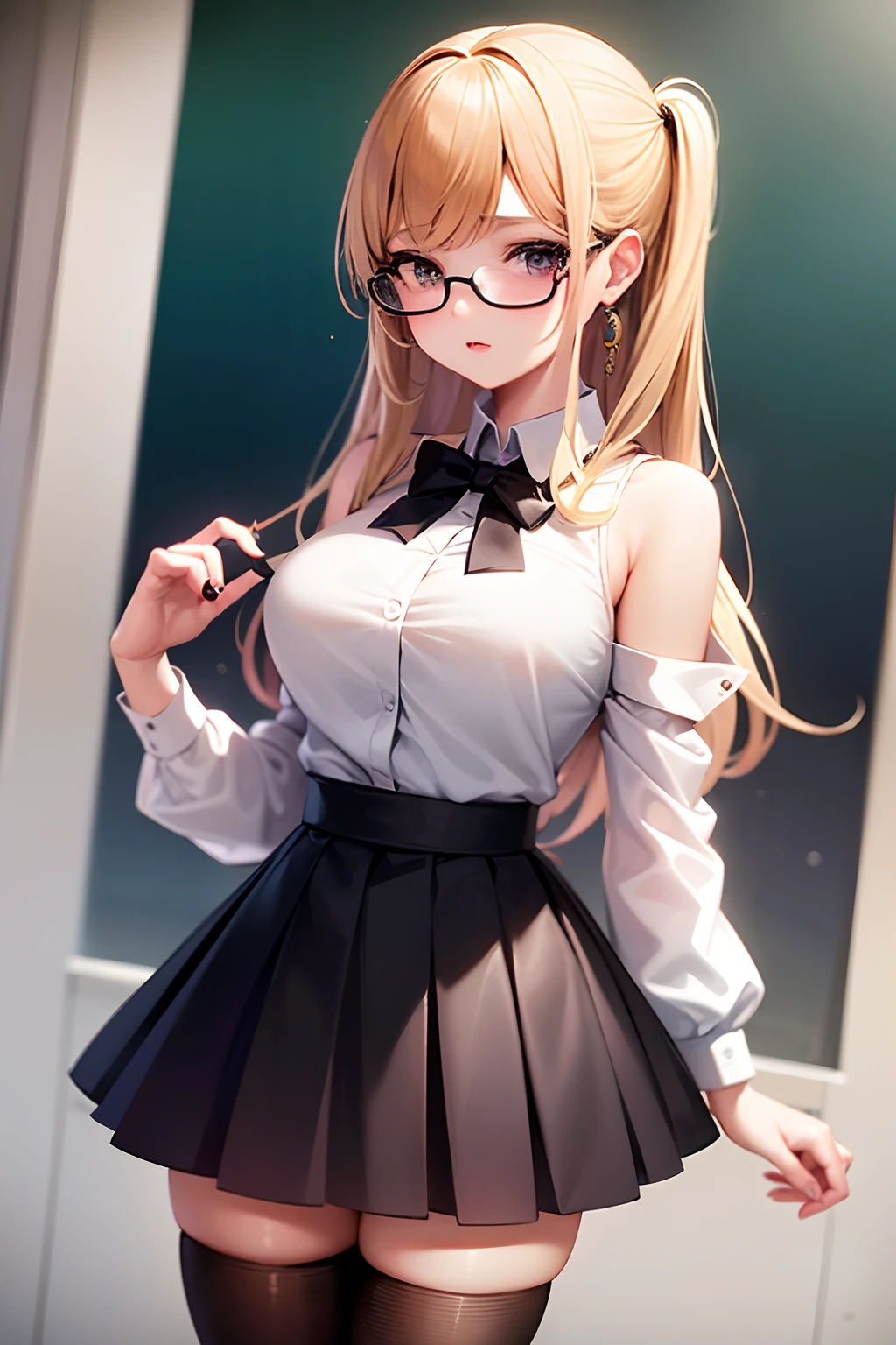 1 girl, solo, masterpiece, sunlight, pink half shoulder polo shirt, pleated skirt,outside, large breasts,black eyes, blonde haired, open hairstyle, fancy round earings,fancy shirt, designer shirt, stockings, standing position, posing for photoshoot,nose ring, ring, beautiful illustration, top-quality,hot, round spectacles.