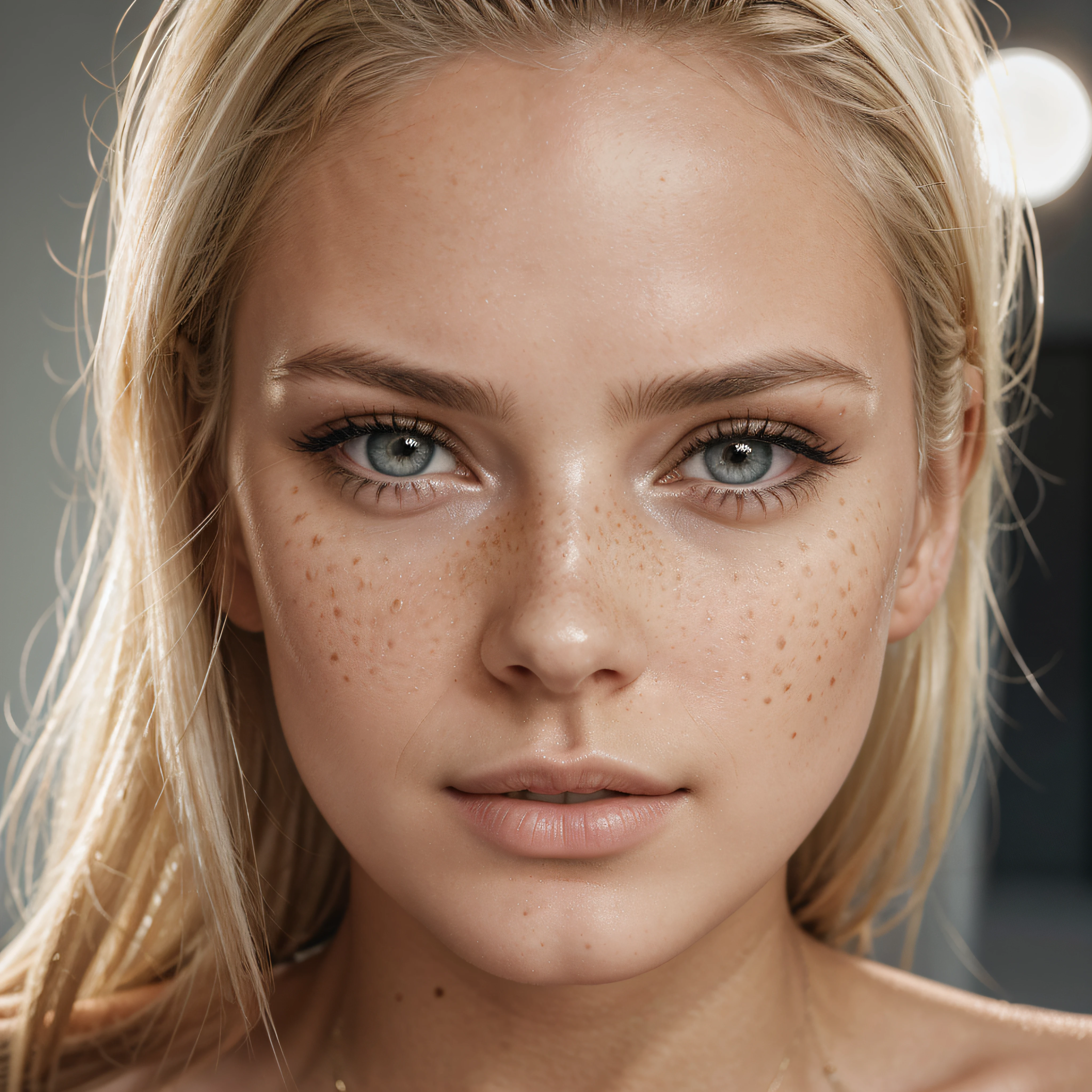 ultra face close up, face up,1Girl 18 years old, nur, Lange Haare, Blick auf den Betrachter, blonde hair, BLONDE, Blond girl, blaue Augen, Schmuck, Halskette, schulterfrei, pullover, lips, realistisch, Nase, Flirten mit der Kamera, close up shot, realism, detailed eyes, skin imperfection, small forhead, fine small freckles, natural, without reflection and shadow on the face, without glare, ultra high face texture, colours, realism, 8K, natural, big lips, full lips, hyper detailed photo, photorealistic, PHOTO, RAW, modeling, girl model, epic advertisment, cinematic shot, cinematic, pretty face, hot, sexy, NO WRINKLES, (BLONDE 1.0), White hair, blond hair, (RING LIGHT), three point light