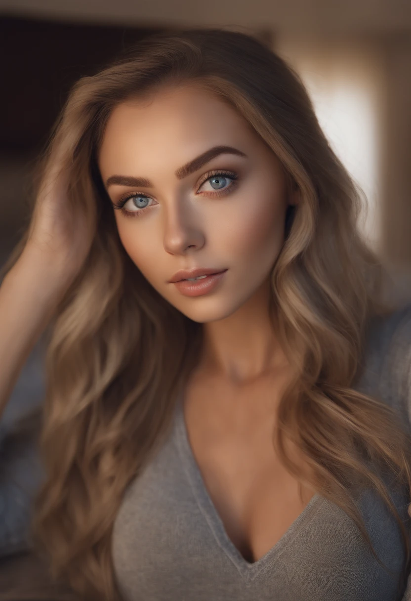 arafed woman fully , sexy girl with blue eyes, ultra realistic, meticulously detailed, portrait sophie mudd, blonde hair and large eyes, selfie of a young woman, bedroom eyes, violet myers, without makeup, natural makeup, looking directly at the camera, face with artgram, subtle makeup, stunning full body shot kneeling on bed, in bedroom, medium to large size bust, showing hearth with hands to camera