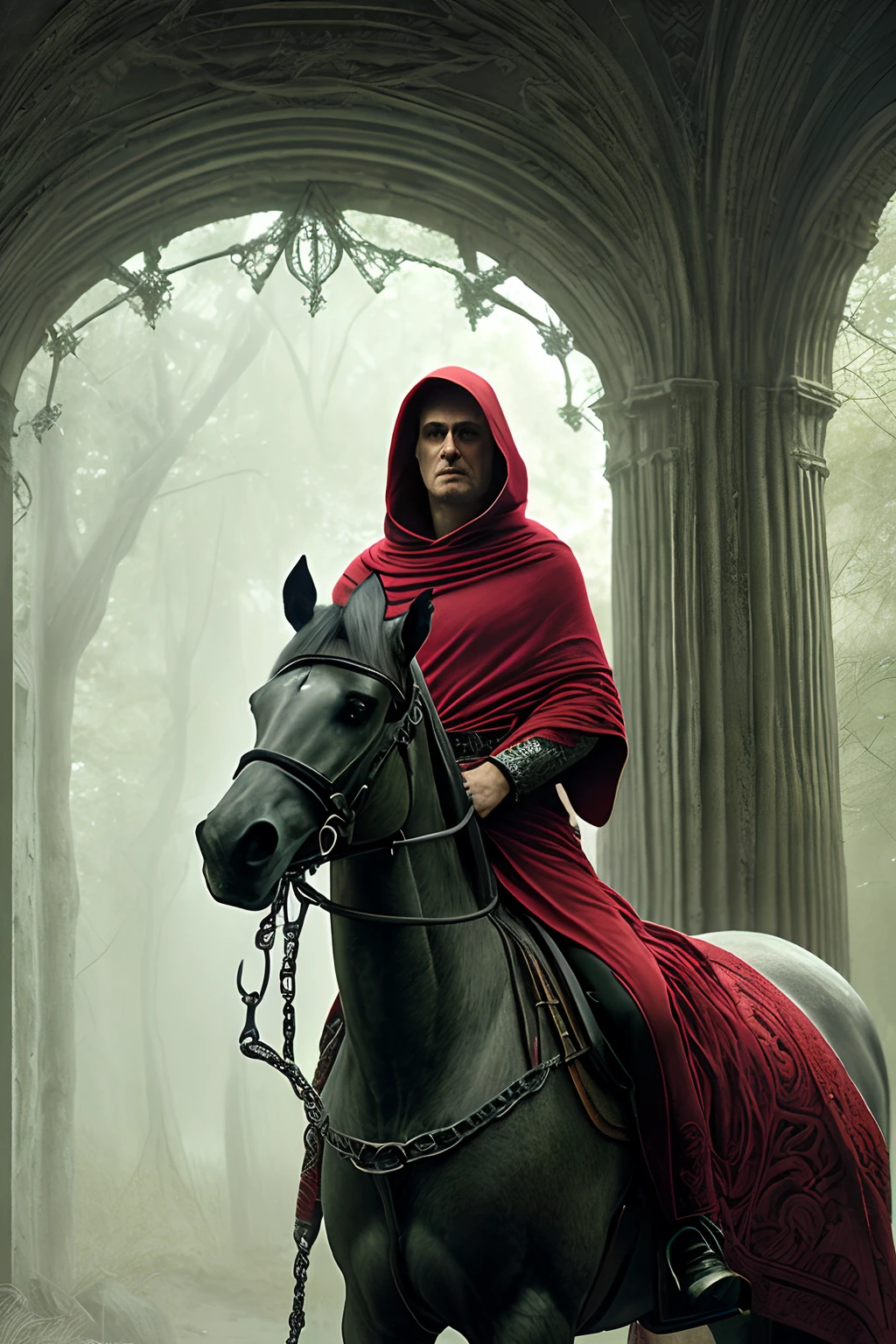 45 years old, masculino, Dressed in a red robe and hood, Portrait of a warrior in chain mail on a red horse holding The highest detail, en el contexto de un bosque, perfect composition, beautiful detailed intricate insanely detailed octane render trending on artstation, 8 k artistic photography, Arte conceptual fotorrealista, soft natural volumetric cinematic perfect light, claroscuro, rewarded photography, obra maestra, oil on canvas, Raphael, Caravaggio, Greg Rutkowski, Beeple, Beksinski, Giger
Eliminado de la imagen
, desfigurado