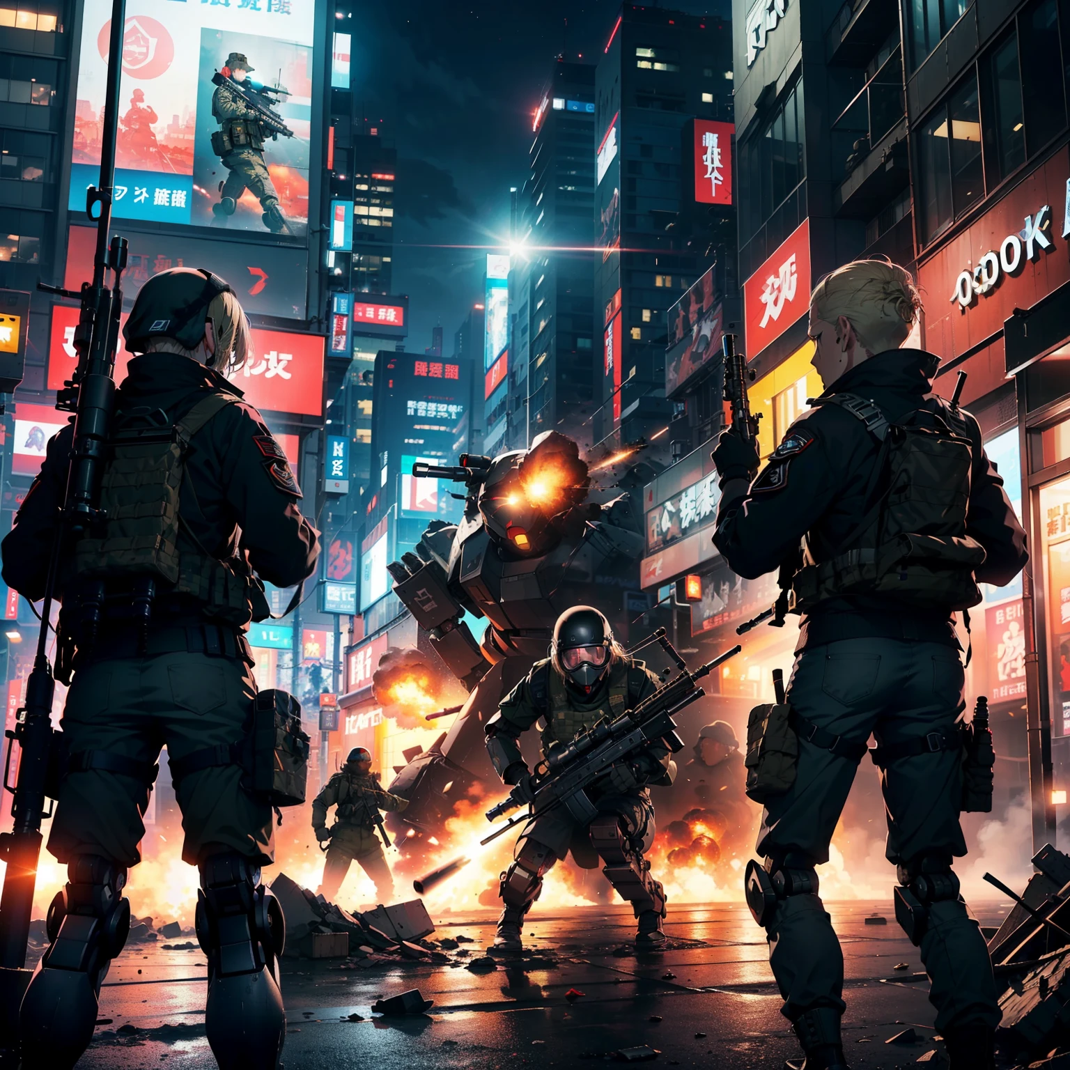 (Anti-tank rifles),(Destroy military robots with sniping:1.4)、(1 Girl Soldier)、(Black combat uniform)、(platinum-blonde-hair:1.2)、Have multiple weapons、rubble、((超A high resolution))、Detail Write、​masterpiece、top-quality、extremely details CG、8K picture quality、Cinematographic lighting、lensflare、(Night combat)、((Shinjuku at night where special forces fight))、Sniping from inside the building、Hyper-detailing、The wreckage of military robots、cowboy  shot:1.4