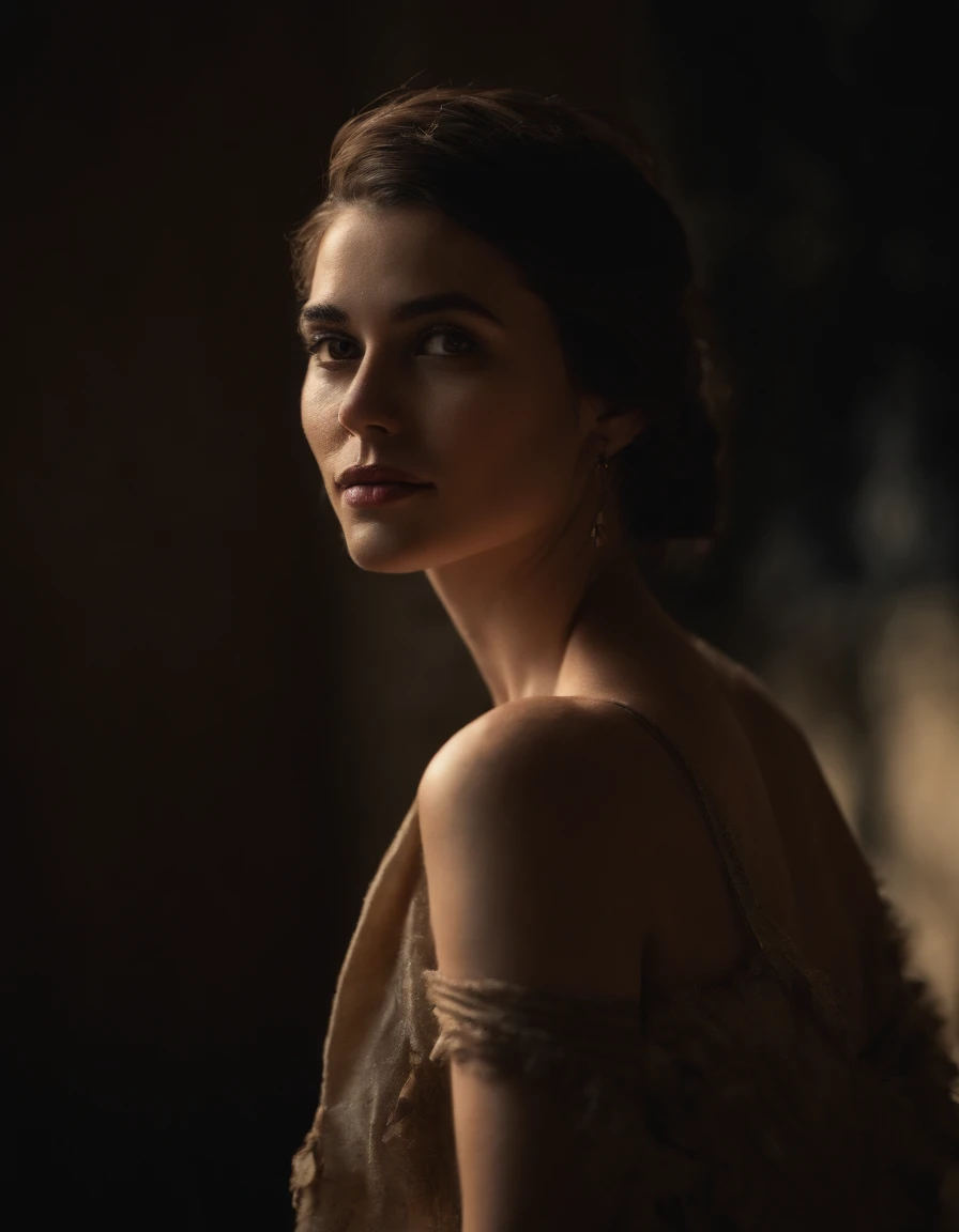 Best quality, masterpiece, ultra high res, (photorealistic:1.5), raw photo, 1girl, offshoulder, in the dark, deep shadow, low key, cold light, sexy look, short hair