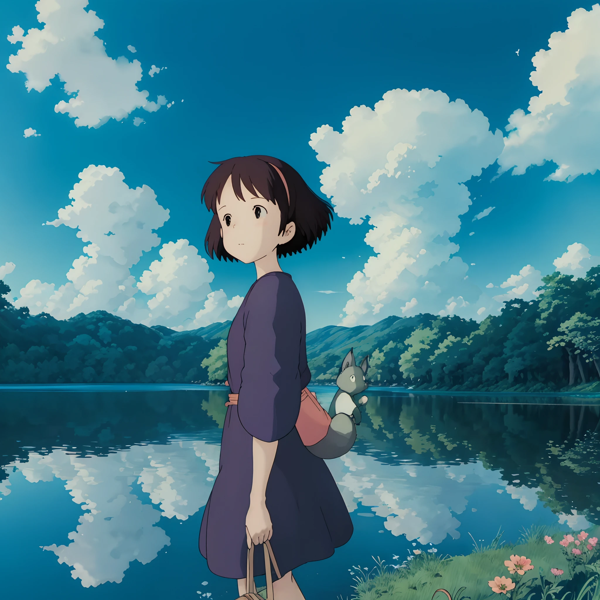 (Studio Ghibli style 1.3)(Ghiblido color tone 1.3)A -yeld giBy the lake in the forest,Little squirrels are by your side,flower sea,having picnic,There are a lot of fruits,Extreme light and shadow,Aurora chase,Extreme ambient light,The ultimate lake reflection,heal,bright sun,(with blue sky and white clouds)(and its delicate facial features1.3)(and its delicate eyes1.3)(Ultra-wide angle shooting1.2)tmasterpiece,awardwinning,(Miyazaki Hayao Witch House Express Style 1.3)In the clouds,Skysky