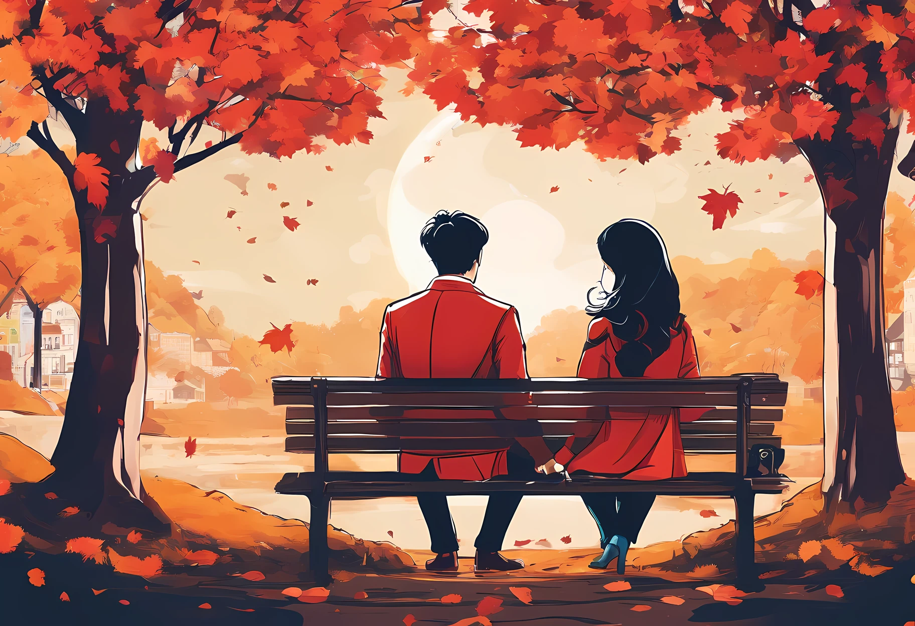 There are two people sitting on a bench in the park - SeaArt AI