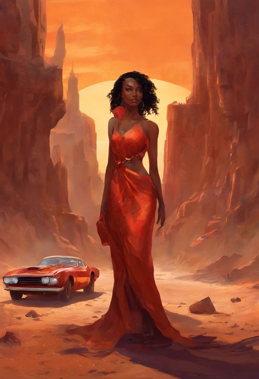 Movie poster of CMAface1 (((entire body, rusty clothes))) on foreground in abandoned road (desert: dark: 0.5), rusty red ferrari abandoned on background, centered on shot, fantasy art ((steampunk: GTA: 0.5)), black woman facing camera, intricate and awesome face woman, 35mm lens, greg rutkowski