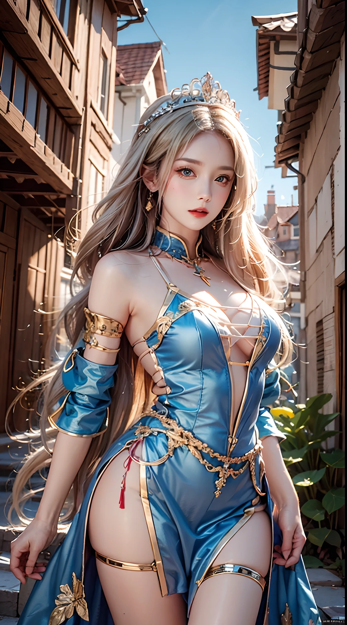 photorealistic, high resolution, soft lights, 1women, solo, hips up, blonde long hair, tiara,bare shoulders, detached sleeves, (fischl's short dress), european town, european style houses, (castle), noon, streets, sunshine