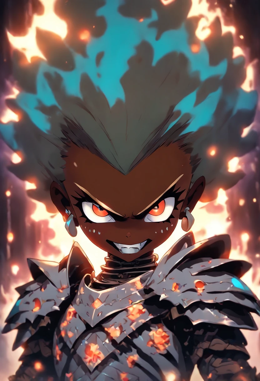 ((beautiful horror )), child, ((bonen armor with fur)), dark skin, (big tit), (dynamic pose), 8k, full body view