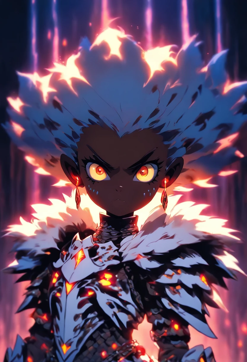 ((beautiful horror little child)), child, ((bone queen armor with fur)), dark skin, (big tit), (dynamic pose), 8k, full body view