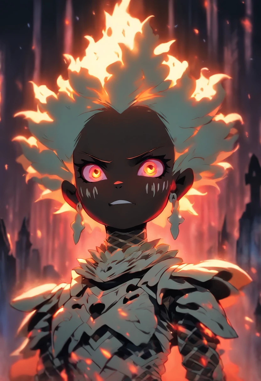 ((beautiful horror little child)), child, ((bone queen armor with fur)), dark skin, (big tit), (dynamic pose), 8k, full body view