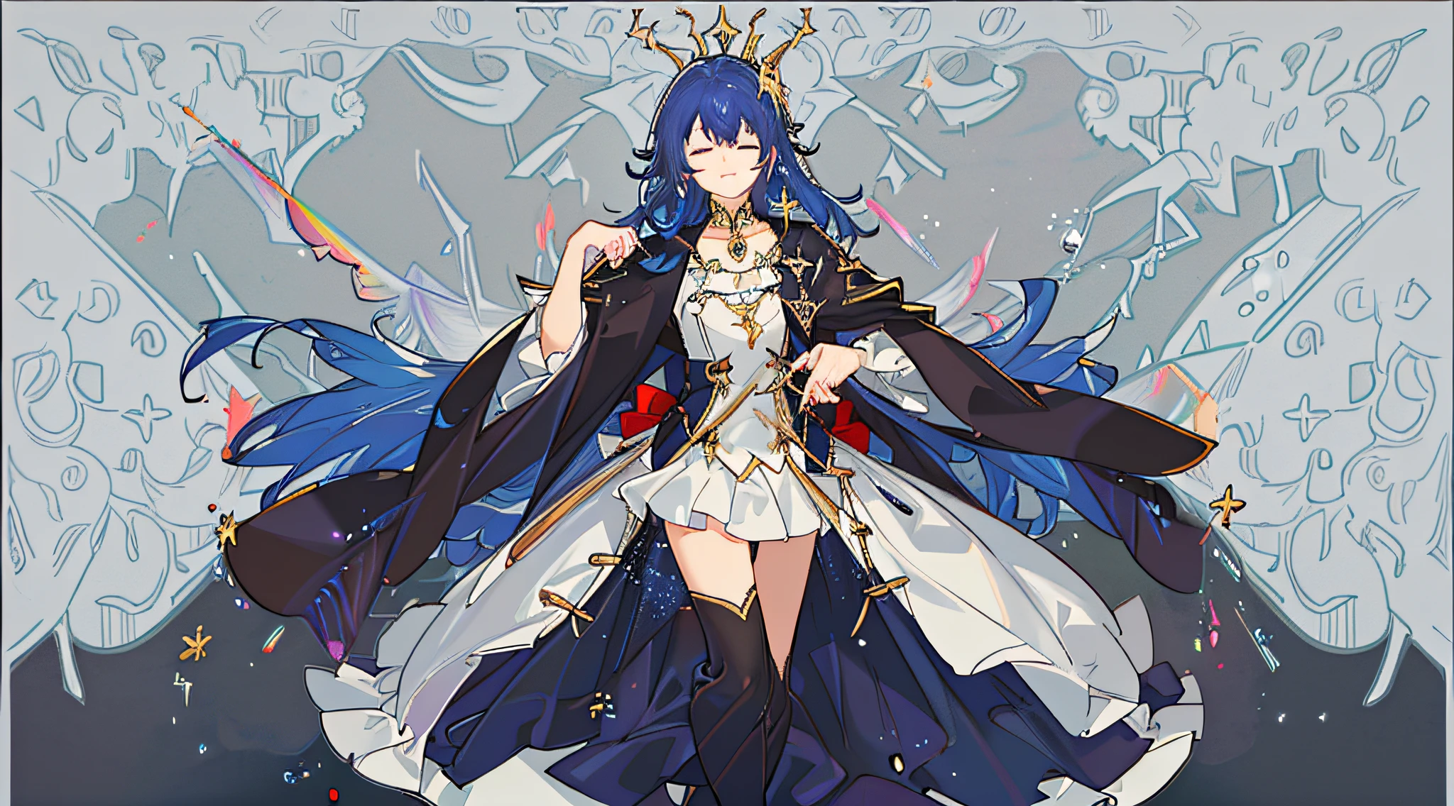(best quality,high-res,detailed CG,complex intricate details:1.2), 8k wallpaper, masterpiece, vibrant hair, vibrant irises, vibrant inner glow, rainbow eyes, colored eyelashes, smiling, one eye closed, wings, beautiful boy, armor skirt, earrings, pendant, stars, bells