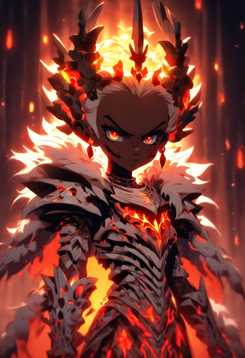 ((beautiful horror little child)), child, ((bone queen armor with fur)), dark skin, (big tit), (dynamic pose), 8k, full body view