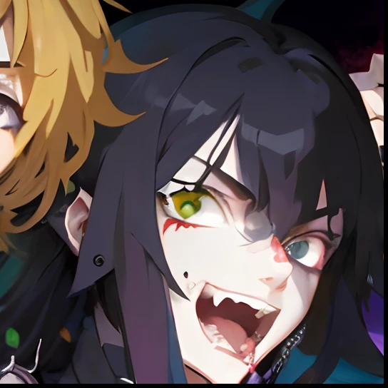 Anime style, vampire boy, alucard, metalhead boy, extreme long hair boy, close face, pale, anime style, Mouth piercing, chain from mouth to ear