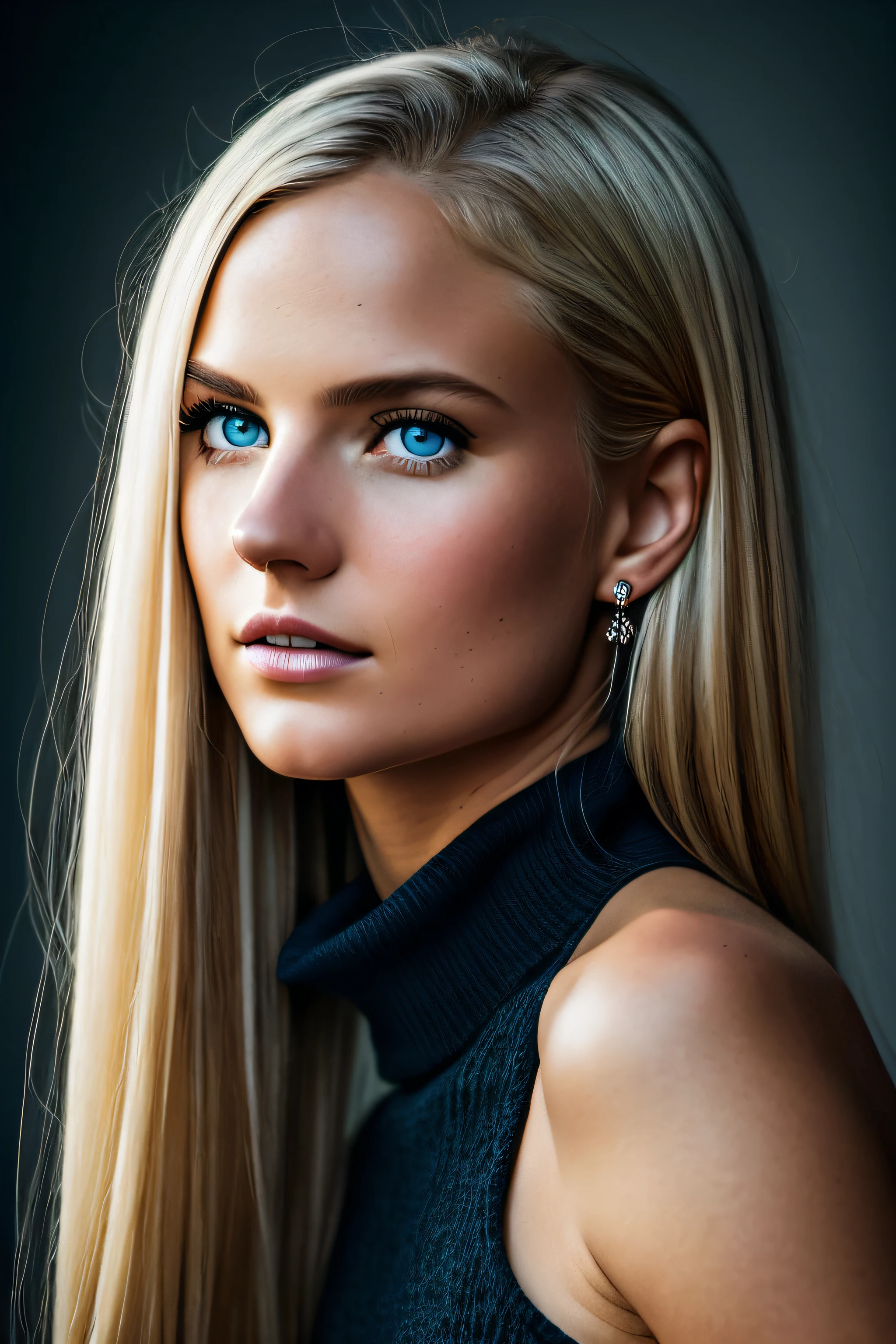 Slender, young, short blonde hair, blue eyes, in town, natural skin texture, 24mm, 4K textures, soft cinematic light, RAW photography, photorealistic, photorealistic, complex, elegant, highly detailed, sharp focus, (((cinematic look))), calm Tone, Insane Detail, Complex Detail, Ultra Detail, High Contrast, Soft Cinematic Light, Dim Colors, Exposure Blending, HDR, Faded, Cold, Waist Thin, Well-Proportioned, (8k, 4k, Top Quality, Hi-Res: 1.1), (Realistic, Photorealistic: 1.1), Girl 1 People, Solo, Twin Tails, Blonde Hair, Bangs, Long Hair, Necklace, Earrings, Lips, Eye Shadow, Jewelry, (Viewer Looking For: 1.8), Spaghetti Straps, Detail, High Contrast, from_side, srfc, stunning complex full color portrait, wearing black turtleneck, spectacular character composition, by Ilya Kubushinov, Alessio Albi, Nina Masic, sharp focus, natural light, sub-surface scatter, f2, 35mm, film grain completely naked