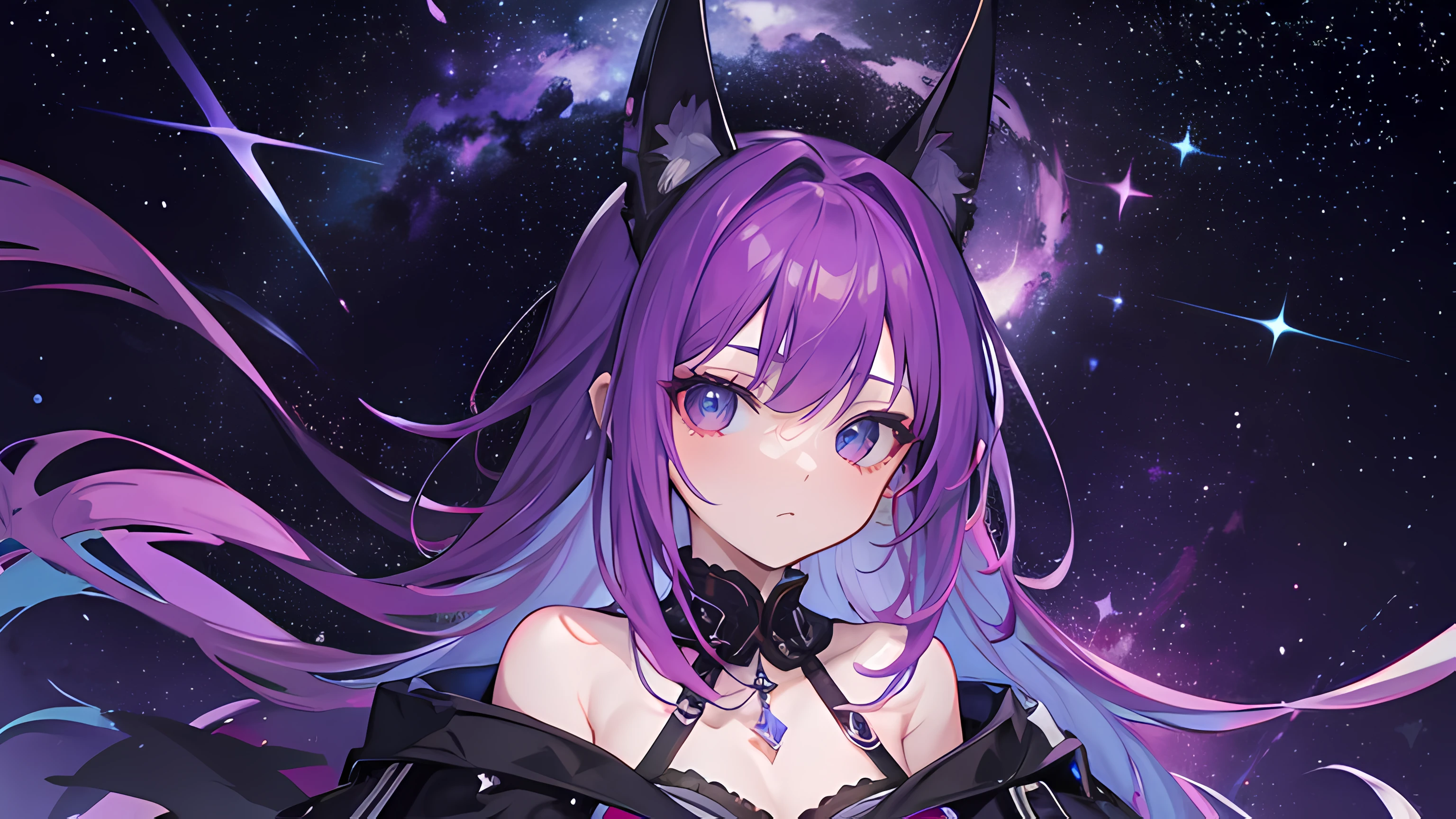 Fondo de pantalla 8k, obra maestra, ultrasharp, high resolution, nebulosas moradas, violeta, estrellas, landscape,1 chica, Pelo violeta corto con estrellas, ojos violeta con estrellas, sudadera negra, boca cerrada, cara completa, pose epica, nebulosas