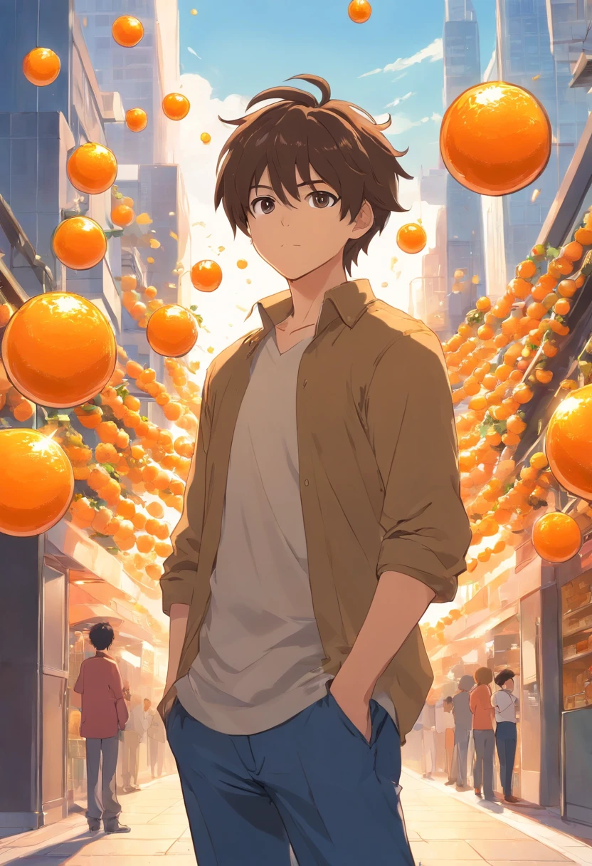 homem cabelo laranja com bolas de ouro
