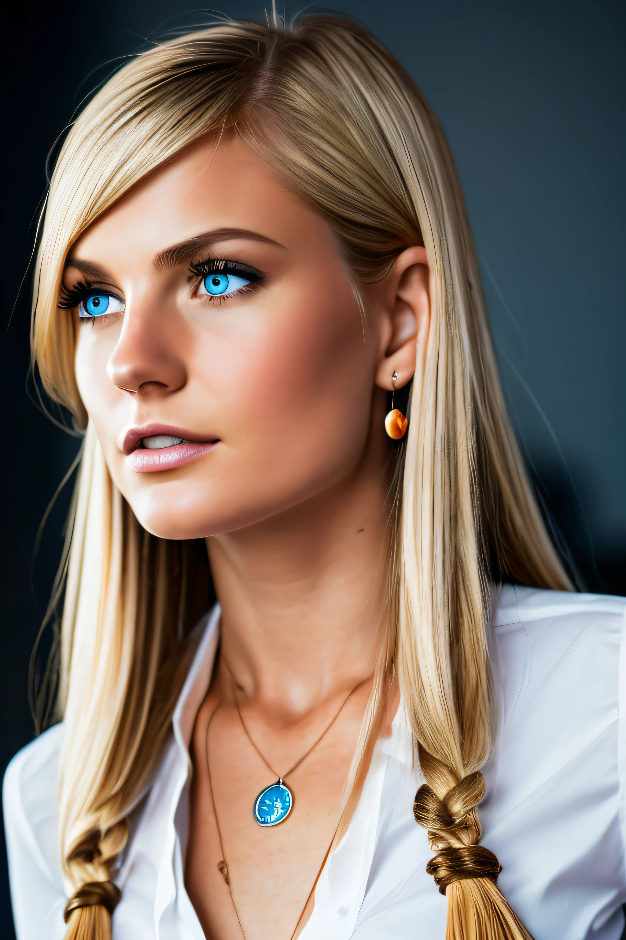 Slender, young, short blonde hair, blue eyes, in office, wearing business clothes, natural skin texture, 24mm, 4K textures, soft cinematic light, RAW photography, photorealistic, photorealistic, complex, elegant, highly detailed, sharp focus, (((cinematic look))), calm Tone, Insane Detail, Complex Detail, Ultra Detail, High Contrast, Soft Cinematic Light, natural Colors, Exposure Blending, HDR, Faded, Cold, Waist Thin, Well-Proportioned, (8k, 4k, Top Quality, Hi-Res: 1.1), (Realistic, Photorealistic: 1.1), Girl 1 People, Solo, Twin Tails, Blonde Hair, Bangs, Long Hair, Necklace, Earrings, Lips, Eye Shadow, Jewelry, (Viewer Looking For: 1.5), Spaghetti Straps, Detail, High Contrast, from_side, srfc, stunning complex full color, wearing business clothes, full body, spectacular character composition, sharp focus, natural light, sub-surface scatter, f2, 35mm, film grain, office room with desk