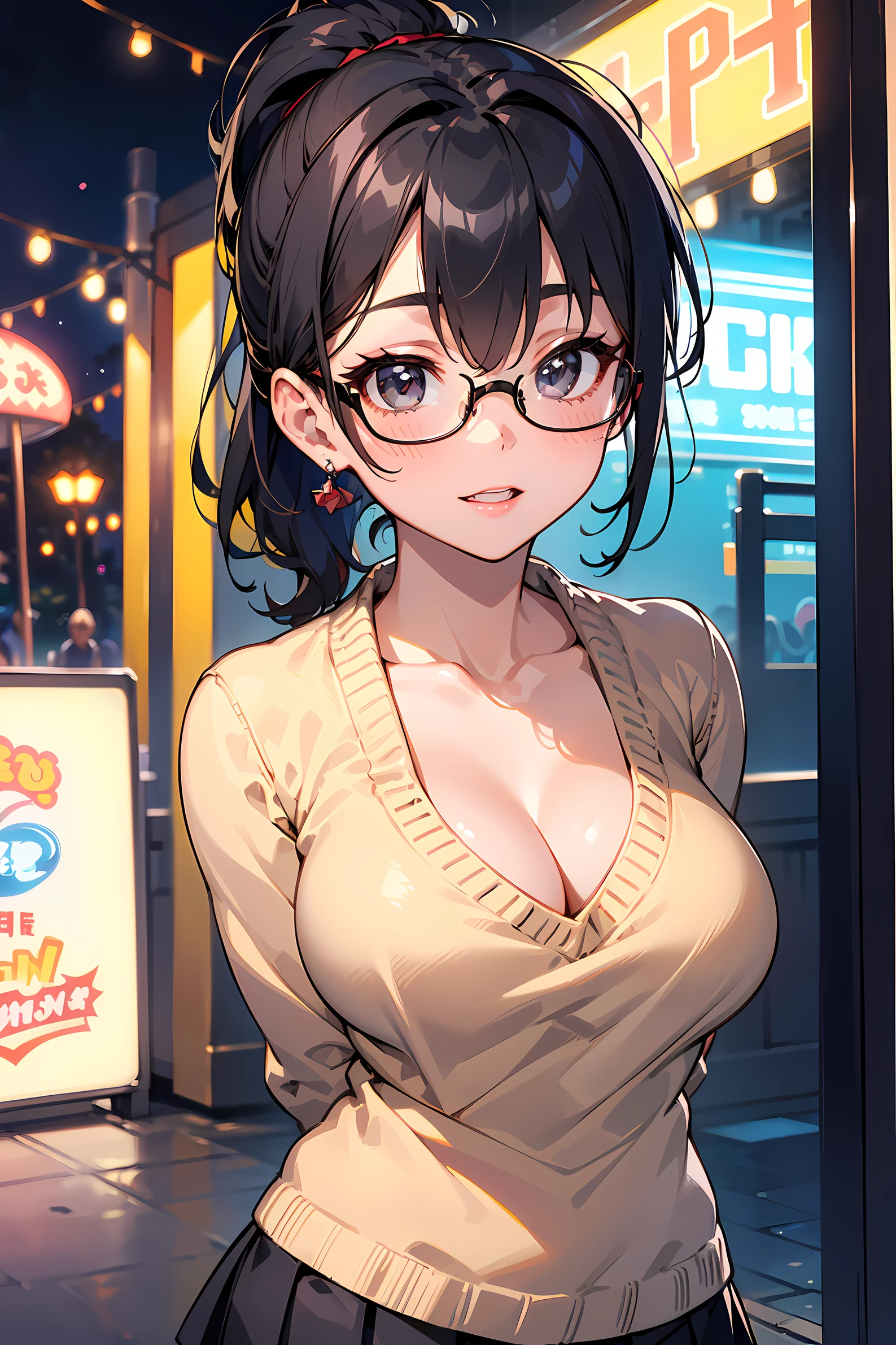 high resolution, Photo of a beautiful woman detailed_face, young handsome girl,realistic:0.5, perfect skin, (wearing a glasses:1.5), (ultra-detailed background, detailed background), bokeh, make happy expressions, happy emotion, gorgeous,pure, beautyfull detailed face and eyes,breasts, (black eyes:1.1), (Audrey Hepburn:1.3), (a extremely pretty and beautiful Japanese woman), (sexy girl), (professional attire:1.3), (22 years old: 1.1), BREAK, (red rib sweater:1.2, long sleeve:1.2), (beige Pleated skirt:1.2), (leather boots))), cleavage, beautiful detailed skin, (cute:1.2), (blonde hair), ((jpop idol)), (upper thigh:0.6), (depth of field),soft light, Lens Glow looking at viewer, (Drooping eyes:1.2), straight teeth,smile, floating hair, (blond hair:1.2), brown eyes BREAK movie scene, cinematic, full colors, 4k, 8k, 16k, RAW photo, masterpiece, professionally color graded, professional photography, high school girl, hair up, , soft clean focus, realistic lighting and shading, (an extremely delicate and beautiful art)1.3, elegant,active angle,dynamism pose BREAK (ponytail:1.3), (shiny-black thin hair:1.2), bangs, dark brown eyes, beautiful eyes, princess eyes, (big eyes:1.3), bangs, wearing a glasses:1.3, Hair between eyes, short hair:1.3, (slender:1.1), (medium-breasts:0.95), (thin waist: 1.15), (detailed beautiful girl: 1.4), Parted lips, Red lips, full-make-up face, (shiny skin), ((Perfect Female Body)), (upper body image:1.3), Perfect Anatomy, Perfect Proportions, (most beautiful Korean actress face:1.3, extremely cute and beautiful Japanese actress face:1.3), ,(1glasses girl:1.3, solo), ,(blush:1.1), gray background, solo focus, (bust shot:1.2), cinematic light, (nostalgic night scene:1.4), (amusement park:1.4), the vibrant glow of neon lights, retro-styled carnival rides, (arms behind back :1.4), (looking at viewer:1.2