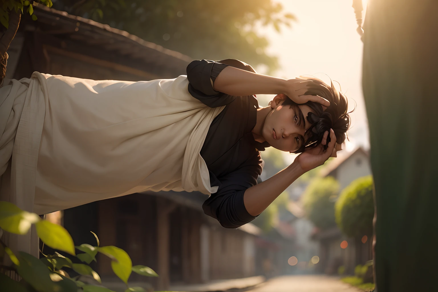 (((desi boy))), natural skin, charming black hair, ((hair ends are blonde)), greenary village background, bokeh