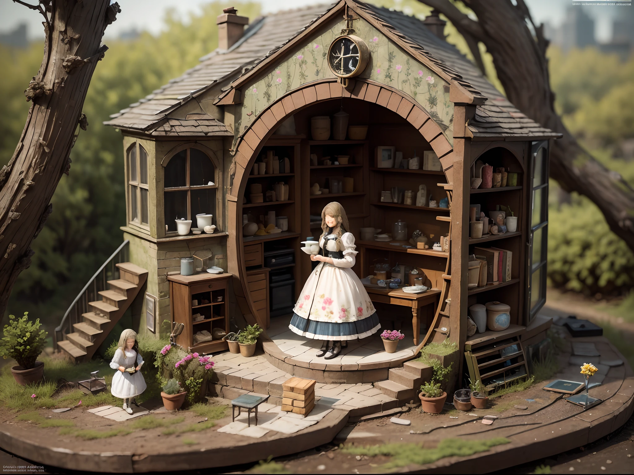 absurdres , highres, ultra detailed, (girls in diorama:1.4), dollhouse view, miniature,maximalism, victorian glass house, victorian dress, floral print, tea party,