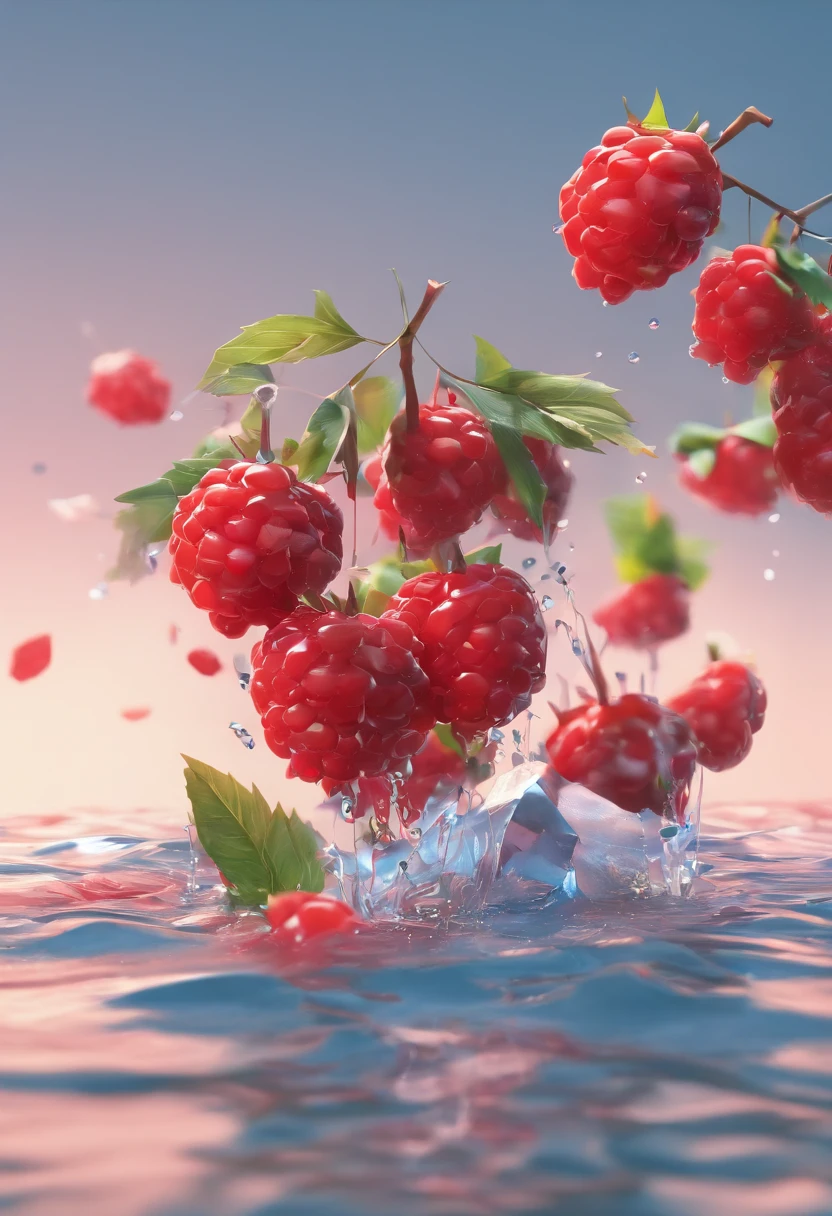 Cinematic RAW photo，ultra real photo，Ultra photo realsisim，Digital SLR，Soft lighting，Photos of products with fresh beef berries falling into the water、drippy、Splash clear liquid、water bloom，dynamic compositions，(Master parts) (Best quality) (A detailed) (Cinematic lighting) (foco nítido) (复杂), Master parts, Best quality, 超高分辨率, 8K  UHD