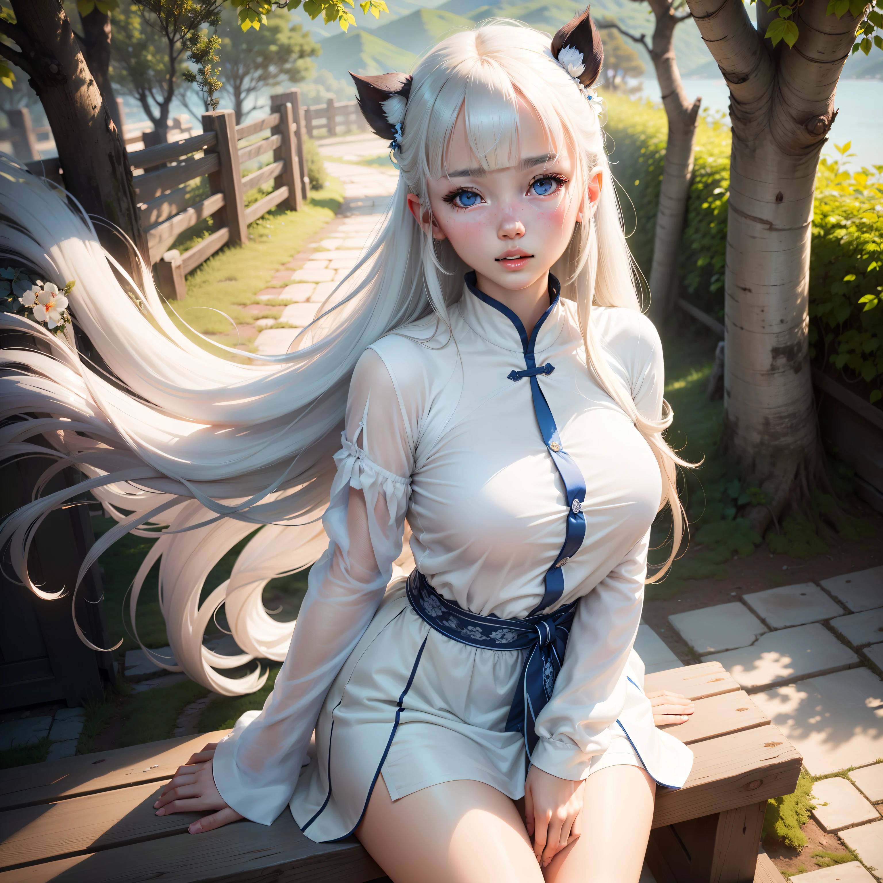 1 girl,long hair,white clothing,solo, yuzusoft,blunt bangs, blue eyes, half open mouth, bashful face, embarrassed face, full face blush, best quality, unity 8k wallpaper, eyelashes, perfect hands, five fingers on one hand,
((beauty thigh)), ((high resolution thigh)), beauty lips, high resolution lips, (beautiful detailed lips), (beauty eyes), (high resolution eyes), ((clear eyes)), (best aesthetic), (bright lighting), shirtlift,girl,Chinoiserie clothing, skin white and smooth,shidudou, scenery, MountainBuilding, tree, outdoors --auto