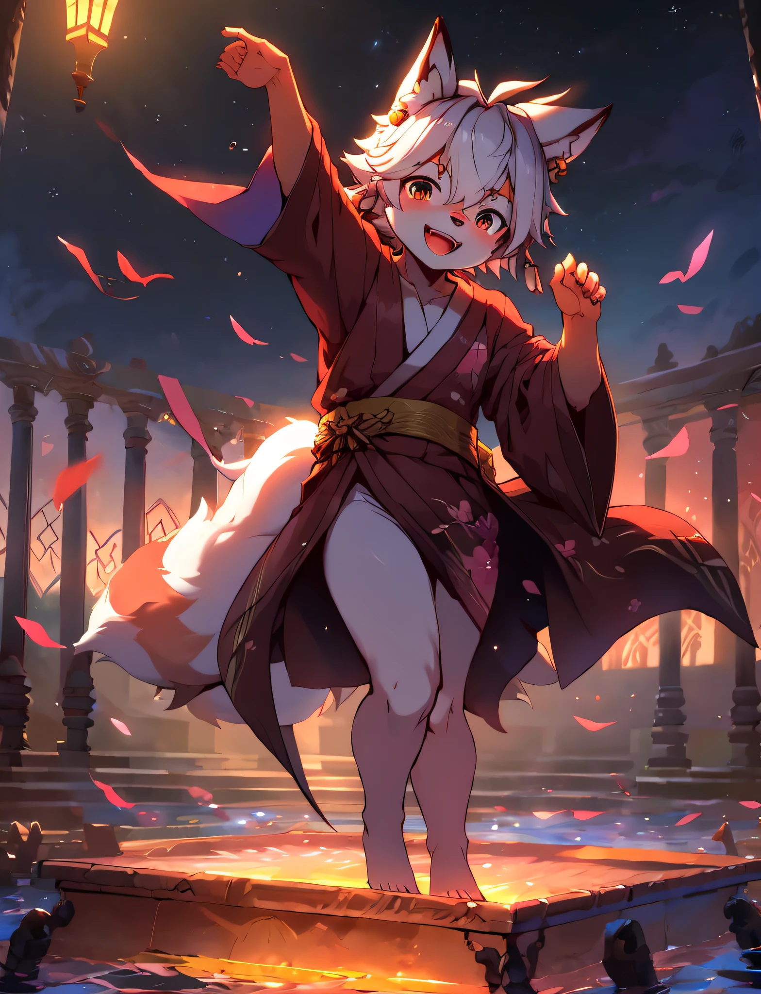 (ambiente dark:0.8),tmasterpiece,k hd,8K,best qualtiy,Starry sky,Starry sky reflections,the cherry trees,altar,horizon,Soft lighting,Fox Boy,Shota,White fox,Nine tails,tread water,Robe,komono,Kimono trouser bell,kitsune mask,Dance,delight