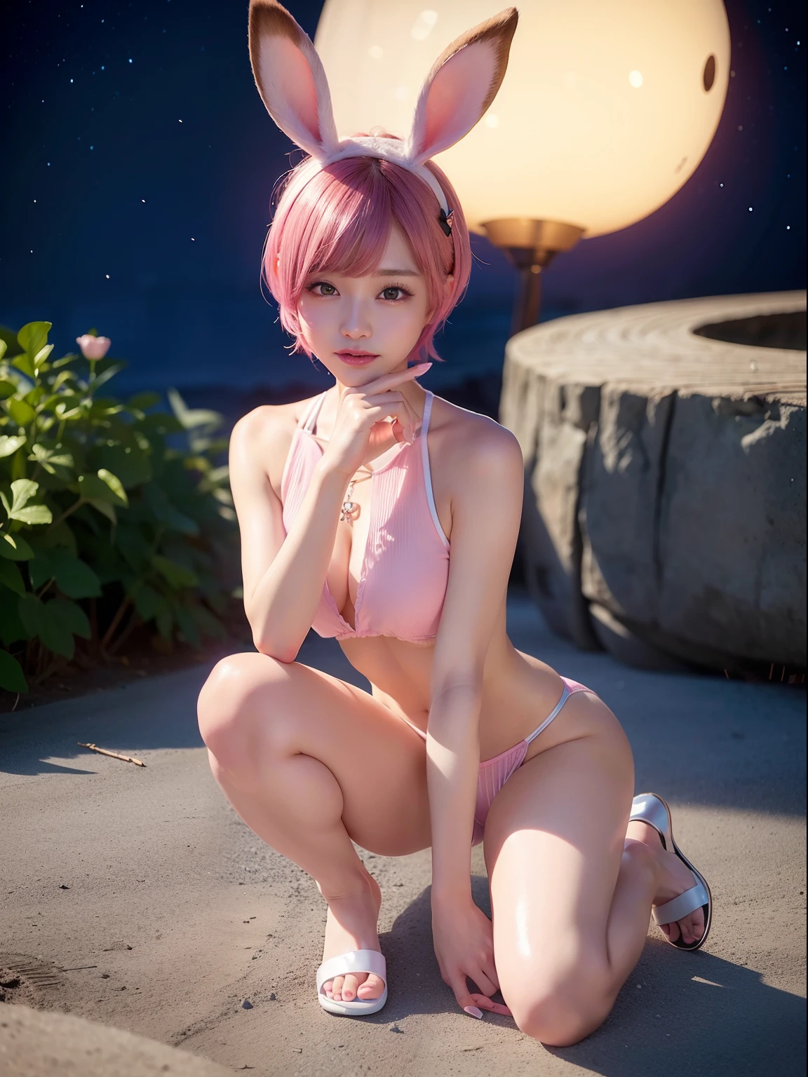 Campfire at Night、Pink short cut hair,(8K, top-quality, masterpiece:1.2), (realisitic, Photorealsitic:1.37), ultra-detailliert, 1 girl in, full body Esbian, camp,Mountain at night、bonfire、Alpha Layer、cute little、独奏、Beautiful detailed sky、(A smile:1.15)、(Eyes closed)、tiny chest、Eyes in Beautiful Details、small tits、(short-hair:1.2)、Floating Hair NovaFrogStyle、masuter piece、Pink Shortcut Bob、Realistic rabbit ears、Pink realistic rabbit ears、Realistic ears of rabbits sticking out of the head、Pink hair、Beautiful girl in her 20s、Bewitching atmosphere、Beautiful shaped hands、K-POP、Pink rabbit ears、1 girl in、独奏、masterpiece、top-quality、realisitic、Hyper-detailing、(Glossy skin:1.4)、absurderes、short pink hair、Slender beauties、动态照明、hight resolution、foco nítido、depth of fields、(thick thight:1.0)、A slender :1.2,((Short-cut bob hair))、((k pop:1.3)),Highly detailed facial and skin texture、((魅惑的)),Anatomically correct number of fingers,Correct anatomy