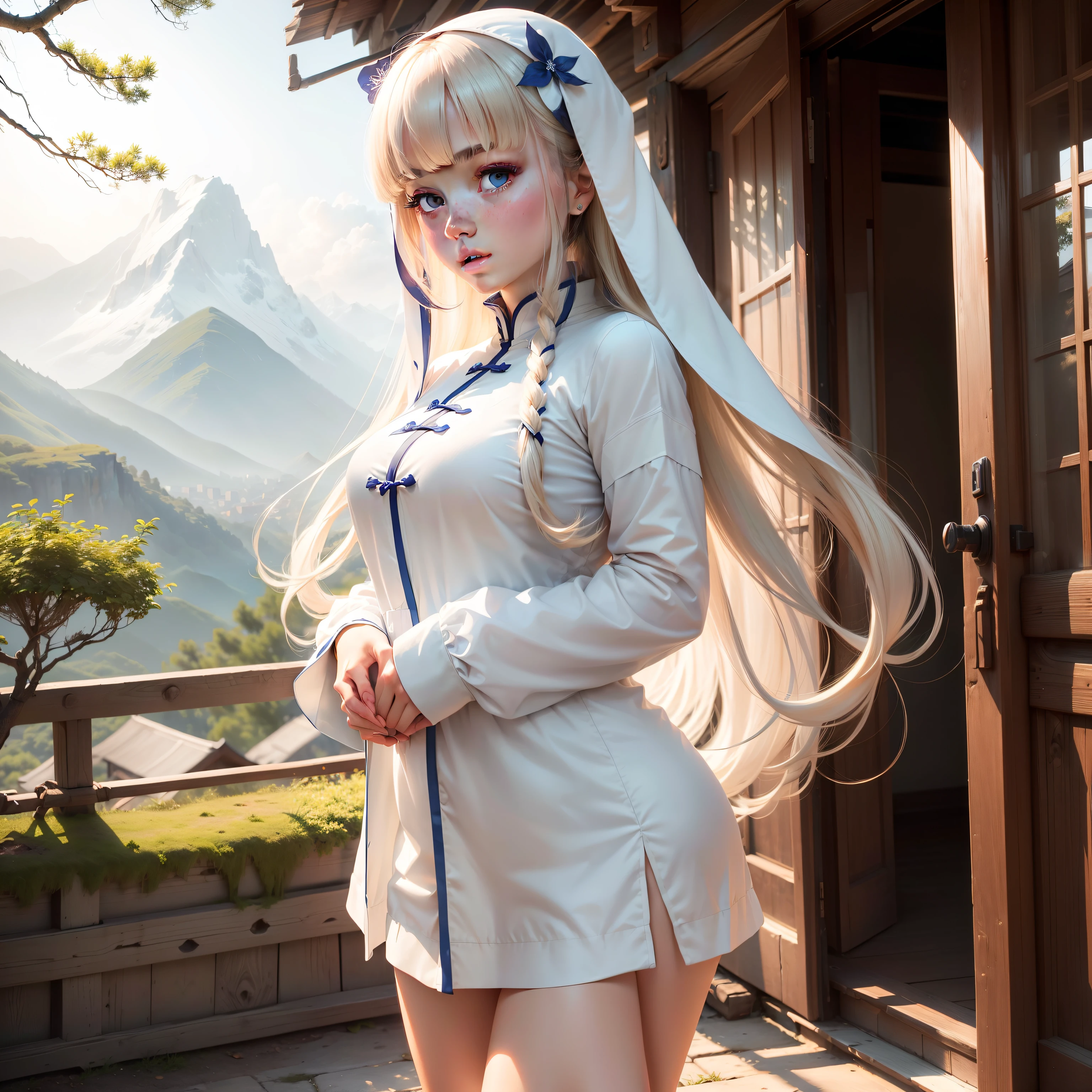 1 girl,long hair,white clothing,solo, yuzusoft,blunt bangs, blue eyes, half open mouth, bashful face, embarrassed face, full face blush, best quality, unity 8k wallpaper, eyelashes, perfect hands, five fingers on one hand,
((beauty thigh)), ((high resolution thigh)), beauty lips, high resolution lips, (beautiful detailed lips), (beauty eyes), (high resolution eyes), ((clear eyes)), (best aesthetic), (bright lighting), shirtlift,girl,Chinoiserie clothing, skin white and smooth,shidudou, scenery, MountainBuilding, tree, outdoors --auto