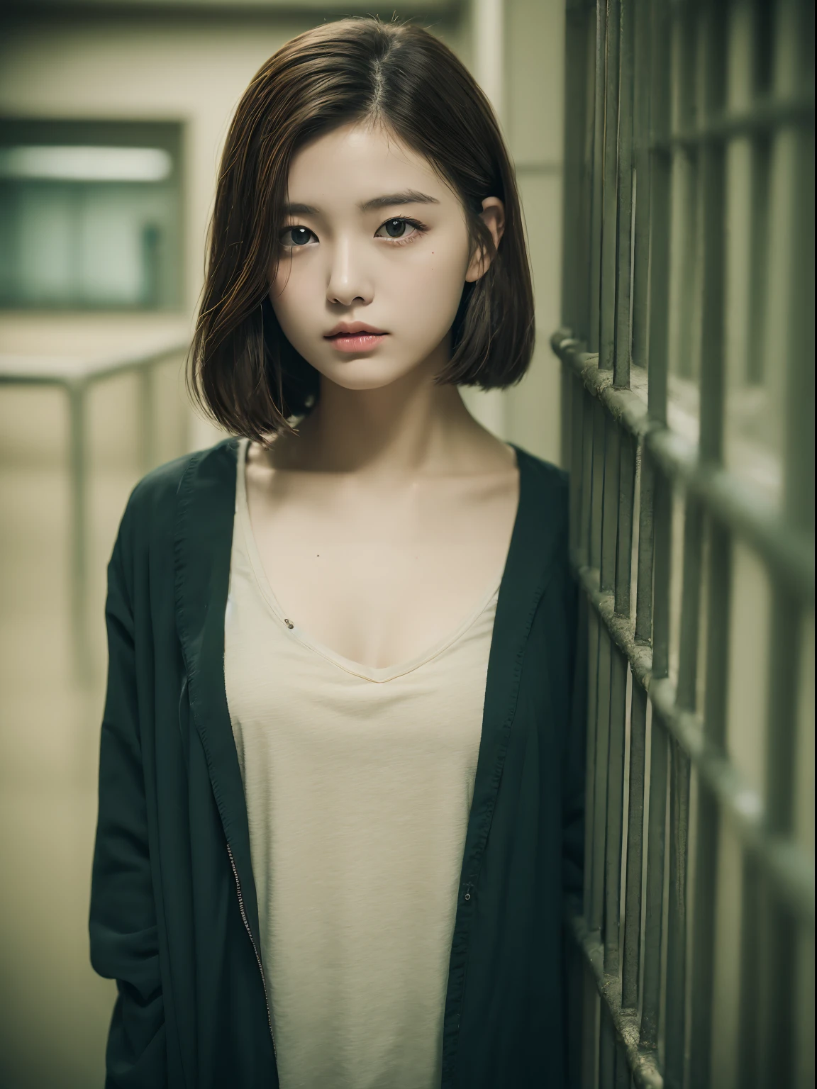 dreamy ambiance, Vintage,Color scheme of old Polaroid cheki photos ,lowkey,Extremely low contrast、From  above、close up of face、barechested, realisitic、Photo Real、extremely detailed cute girl、独奏、18year old、japanes、Melancholy look, (prison clothes:1.4)Brown hair、Unkempt hair、(Prison in the background:1.5)、out of focus、blur、